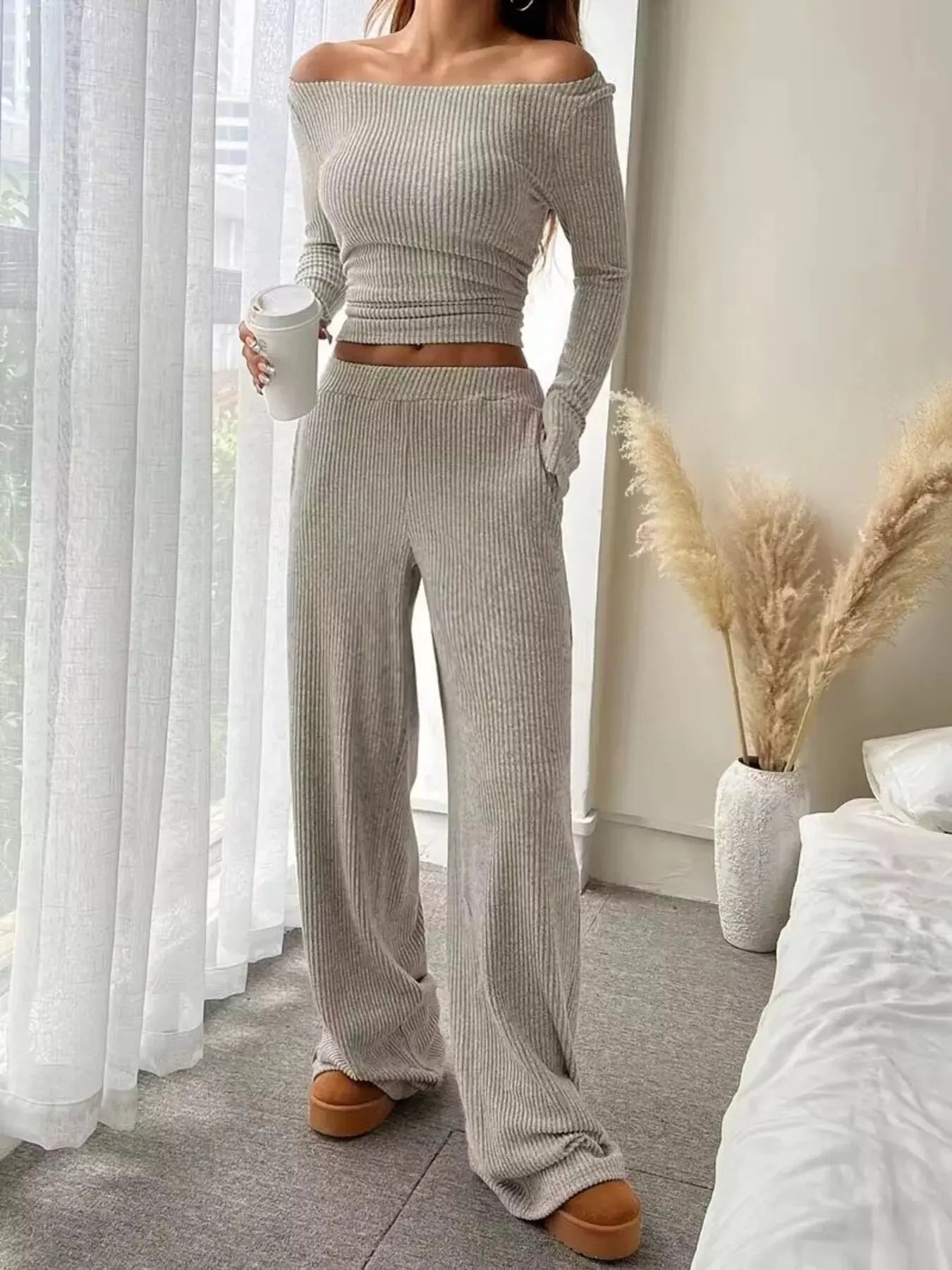 Ribbed Knit Boat Neck Top and Pants Set Trendsi