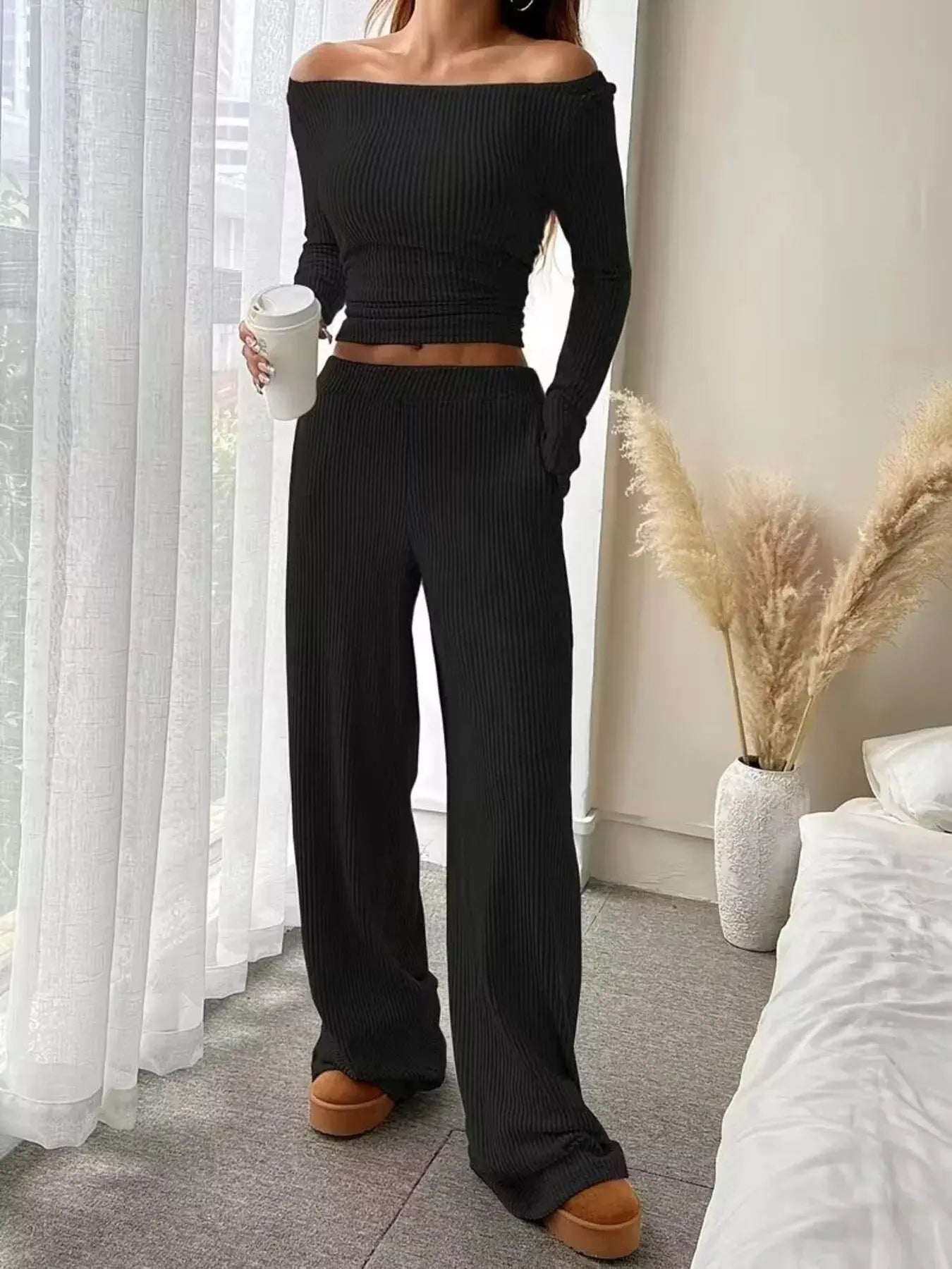 Ribbed Knit Boat Neck Top and Pants Set Trendsi