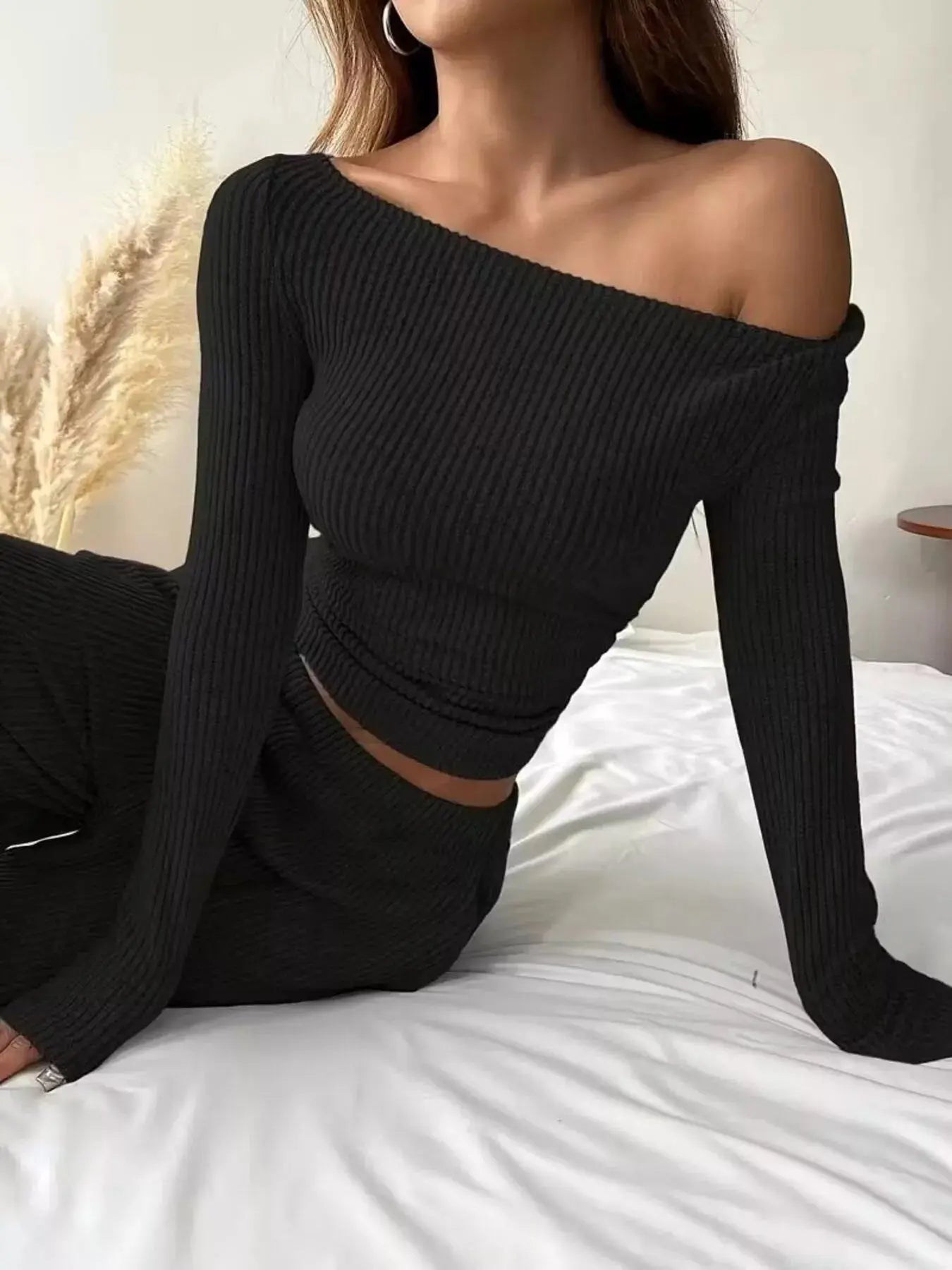 Ribbed Knit Boat Neck Top and Pants Set Trendsi