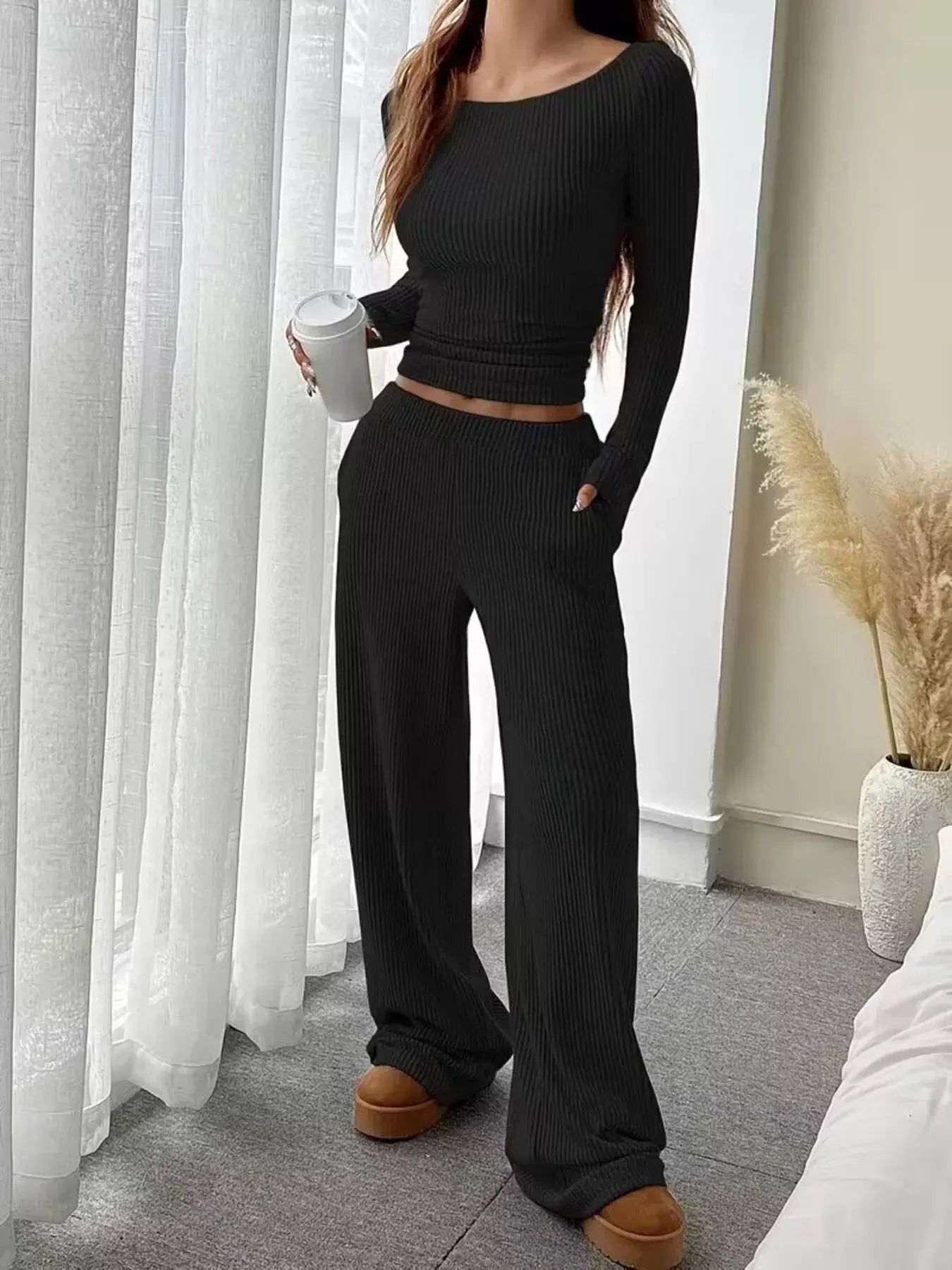 Ribbed Knit Boat Neck Top and Pants Set Trendsi