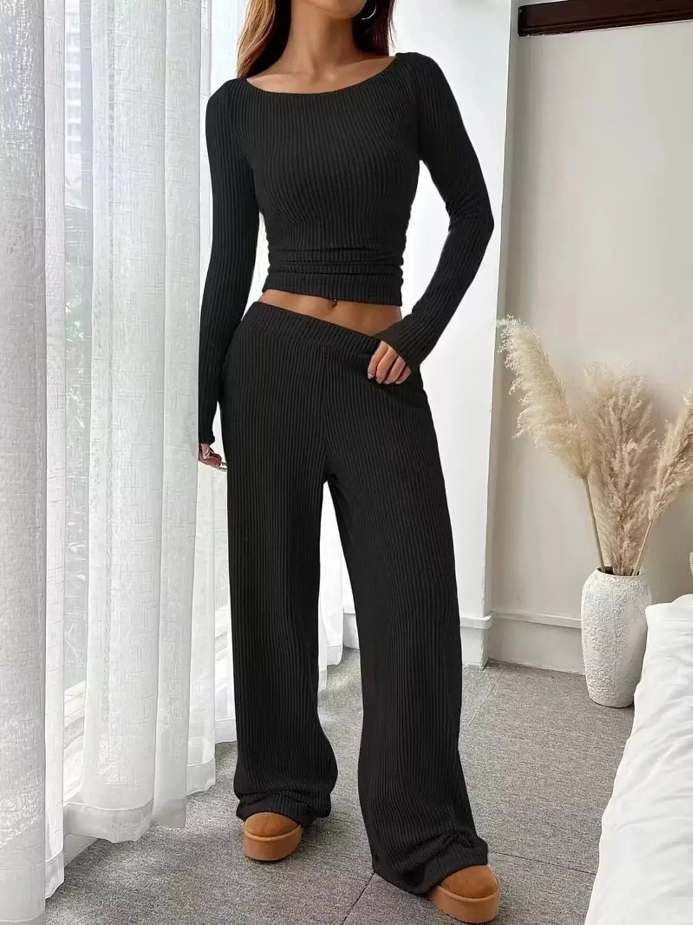 Ribbed Knit Boat Neck Top and Pants Set Trendsi