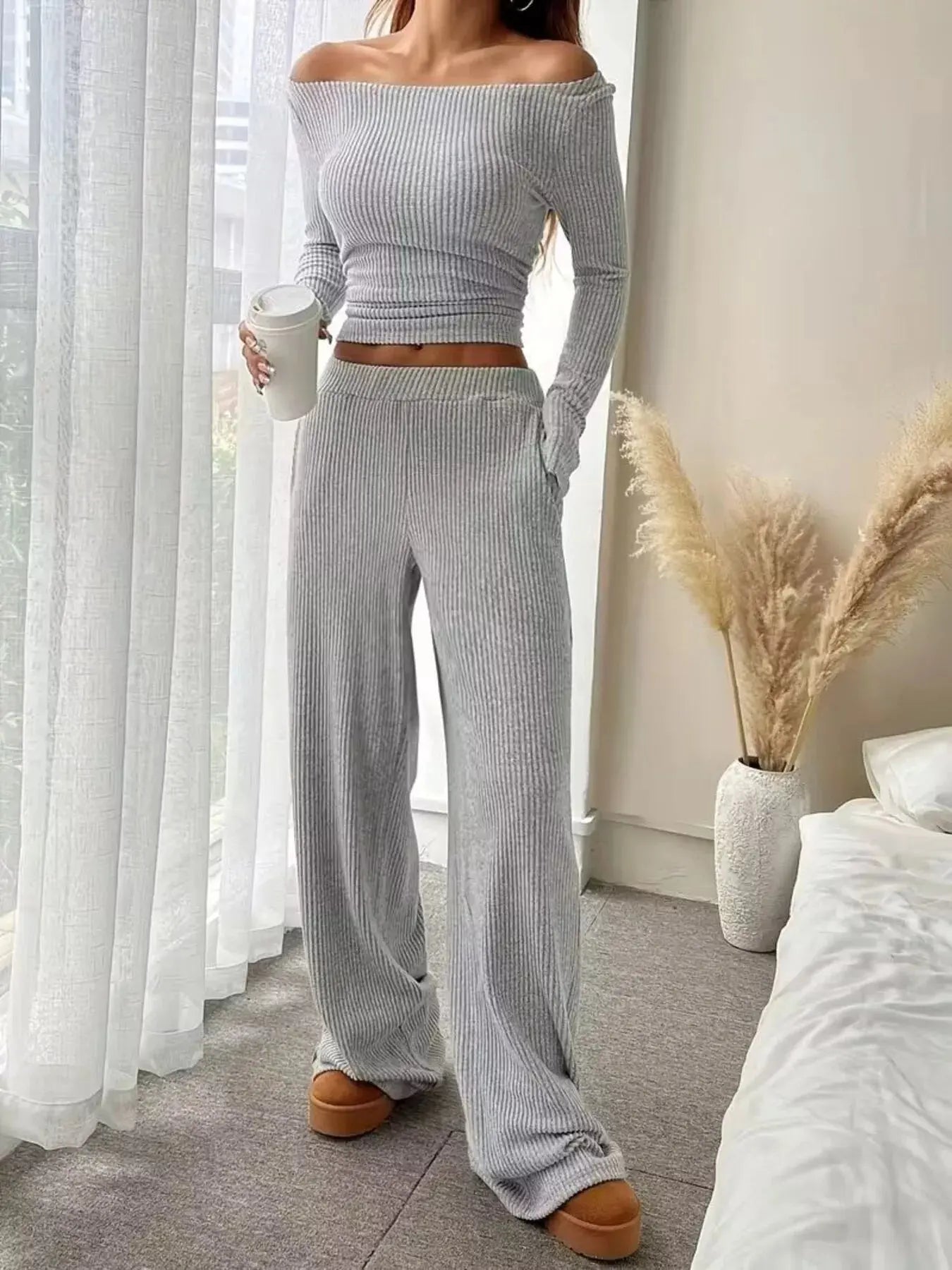Ribbed Knit Boat Neck Top and Pants Set Trendsi