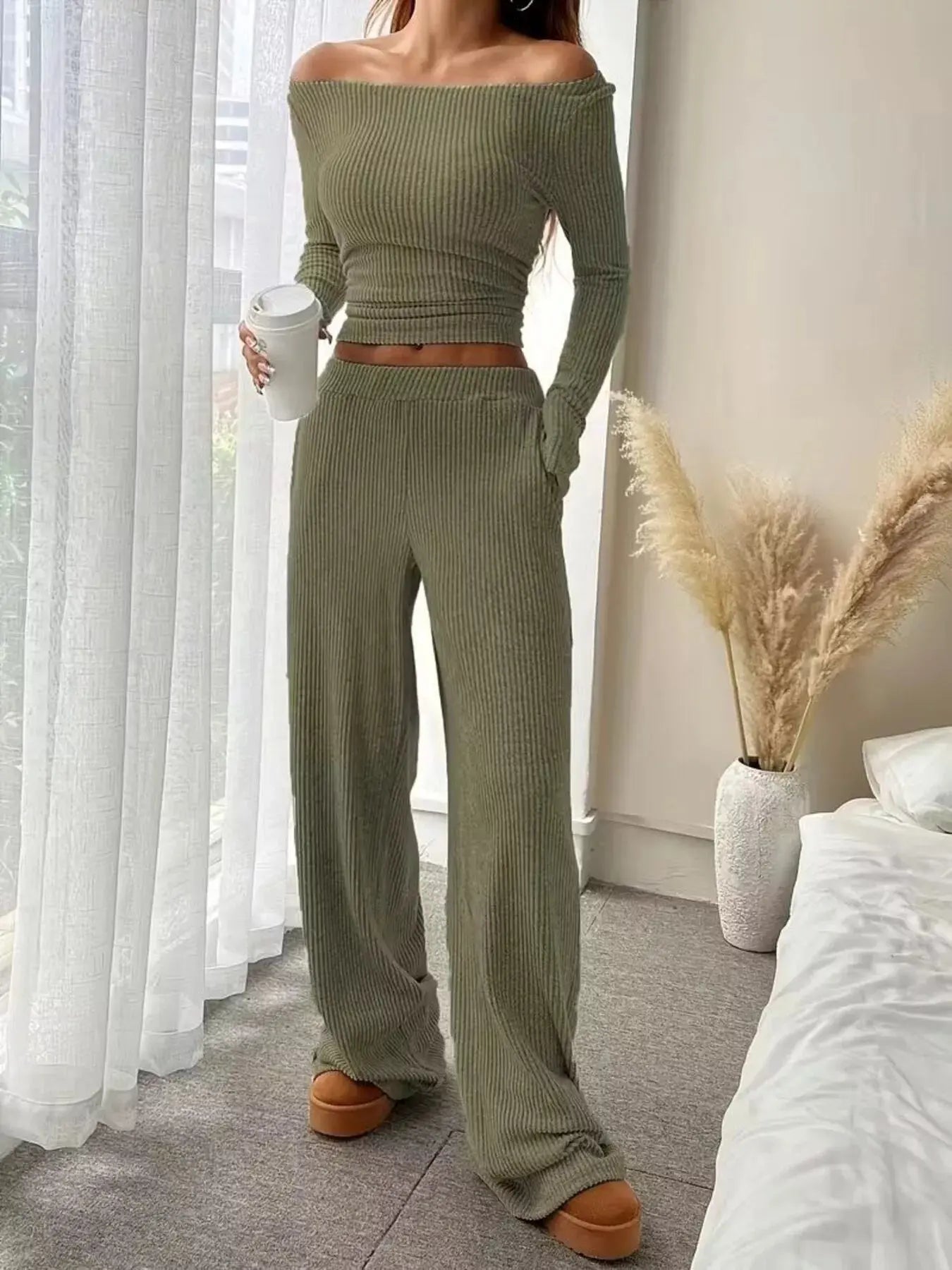 Ribbed Knit Boat Neck Top and Pants Set Trendsi