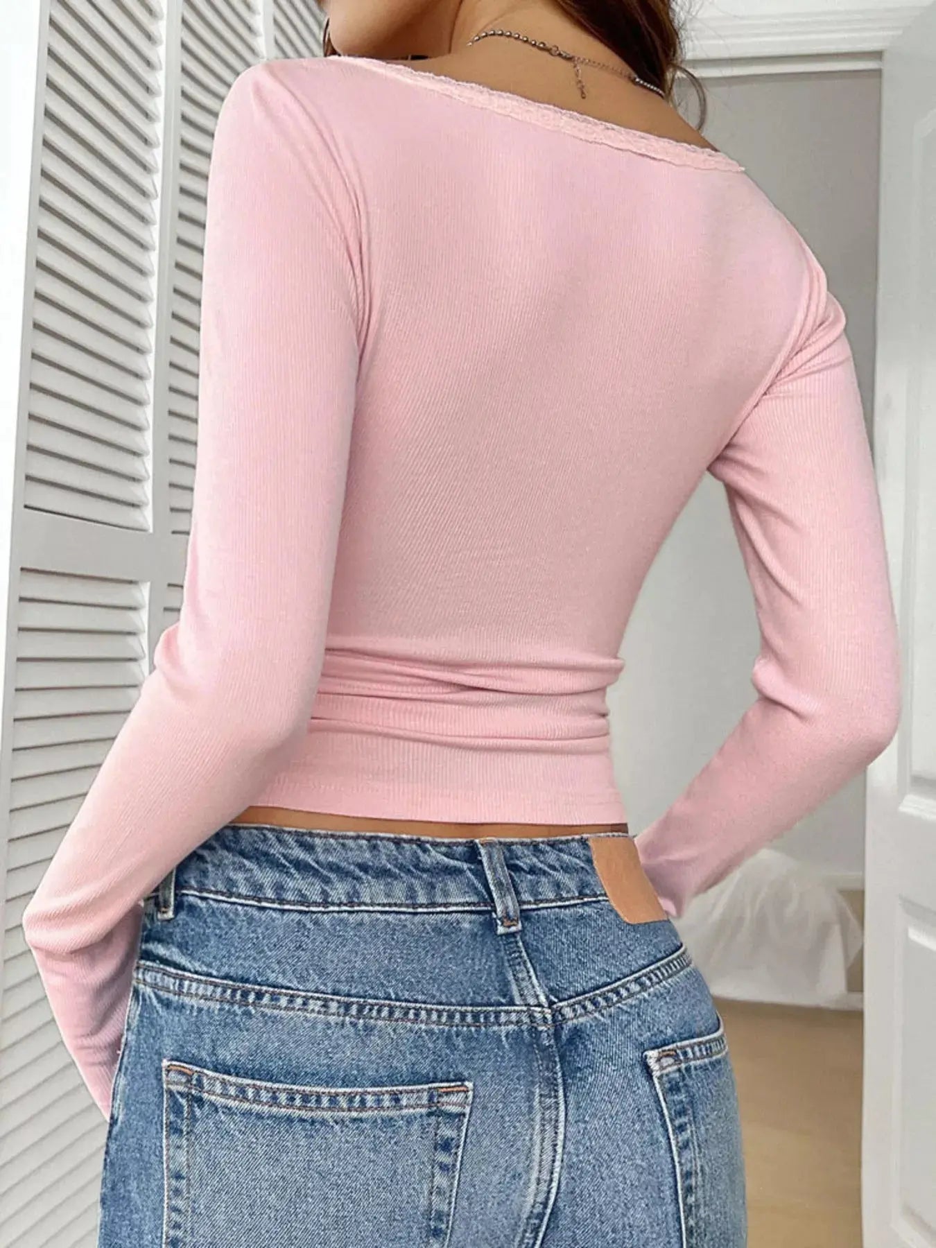 Ribbed Knit Lace Trim Long Sleeve T-Shirt Trendsi