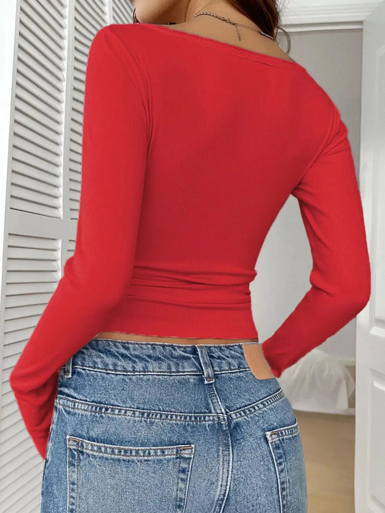 Ribbed Knit Lace Trim Long Sleeve T-Shirt Trendsi