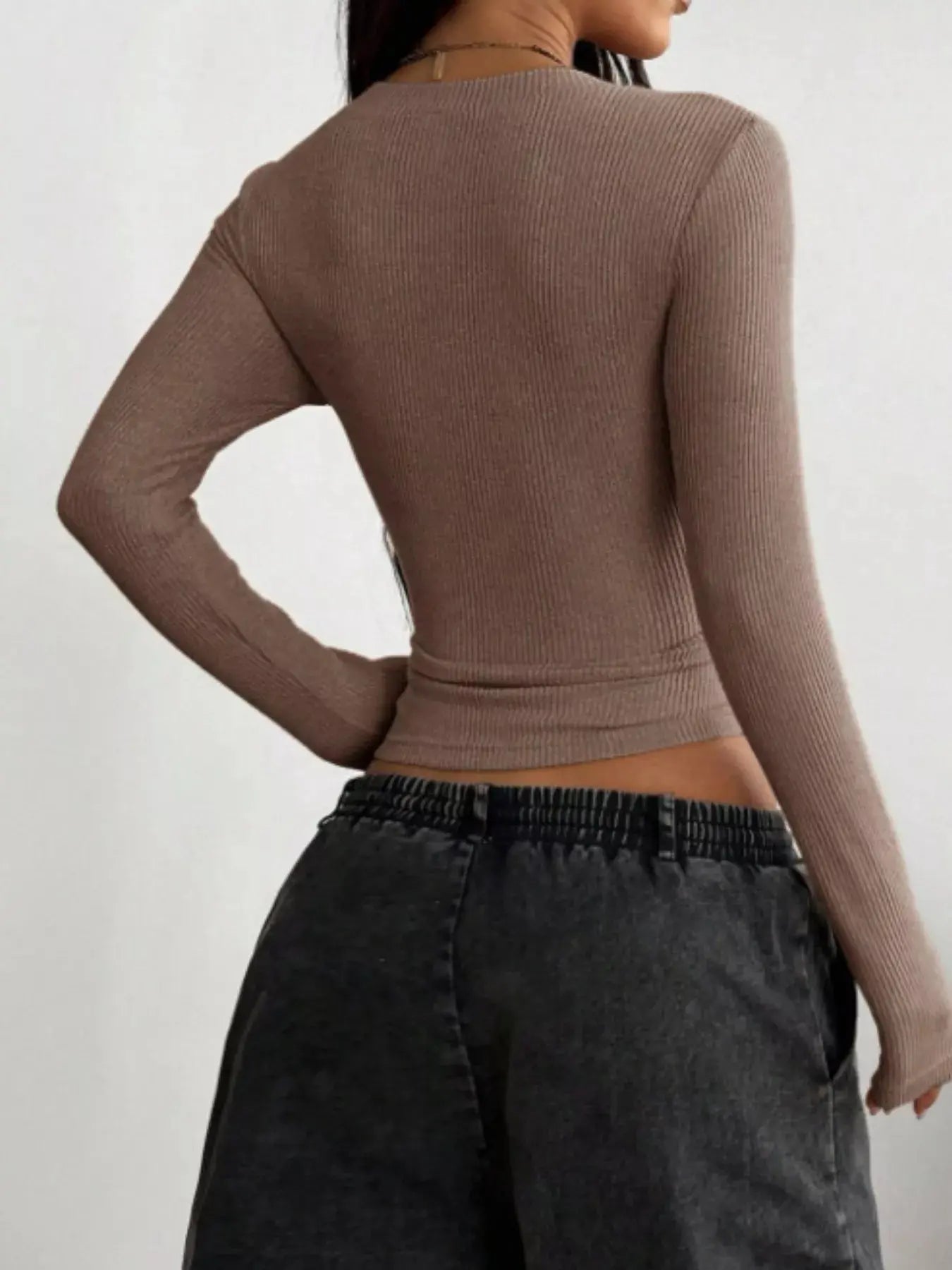 Ribbed Knit Long Sleeve V Neck Top For Women Casual Everyday Wear Trendsi
