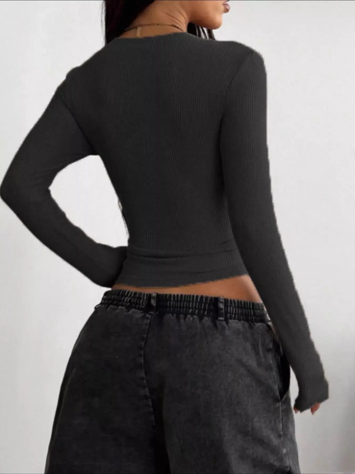 Ribbed Knit Long Sleeve V Neck Top For Women Casual Everyday Wear Trendsi