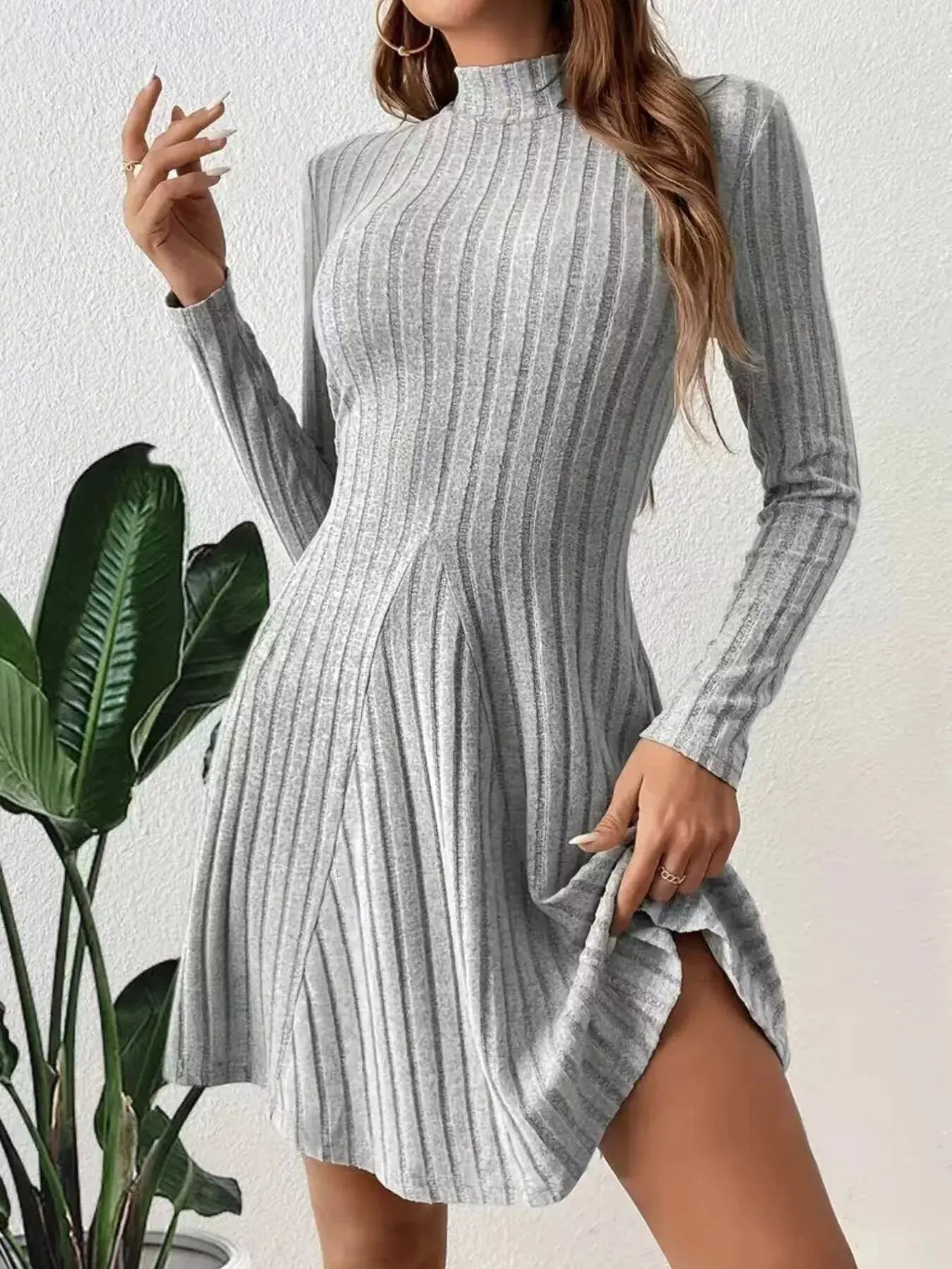 Ribbed Knit Mock Neck Long Sleeve Mini Dress Trendsi