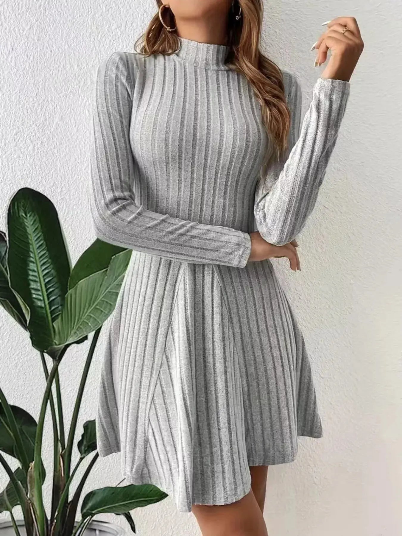 Ribbed Knit Mock Neck Long Sleeve Mini Dress Trendsi