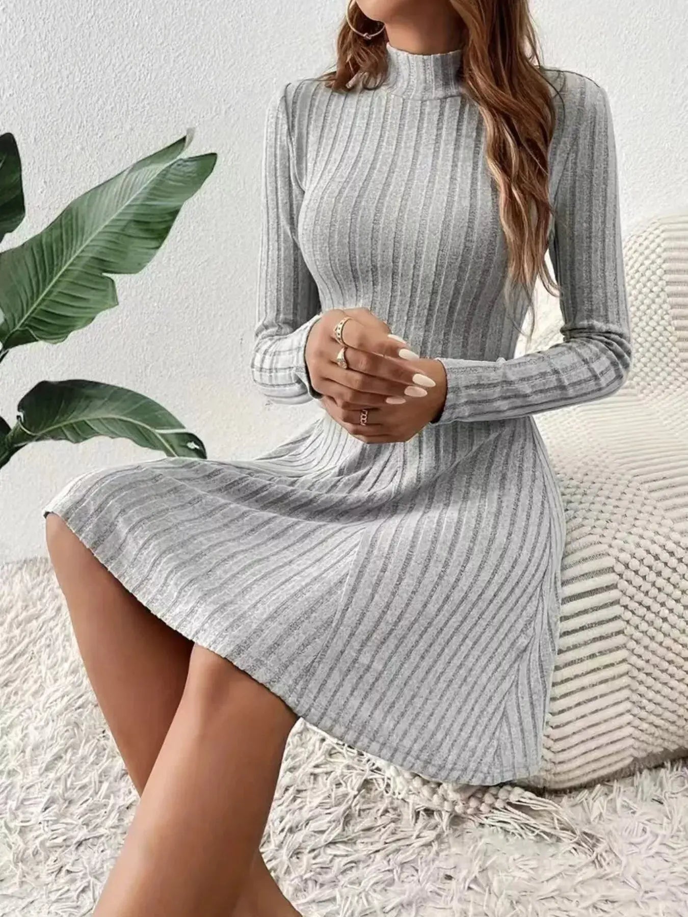 Ribbed Knit Mock Neck Long Sleeve Mini Dress Trendsi