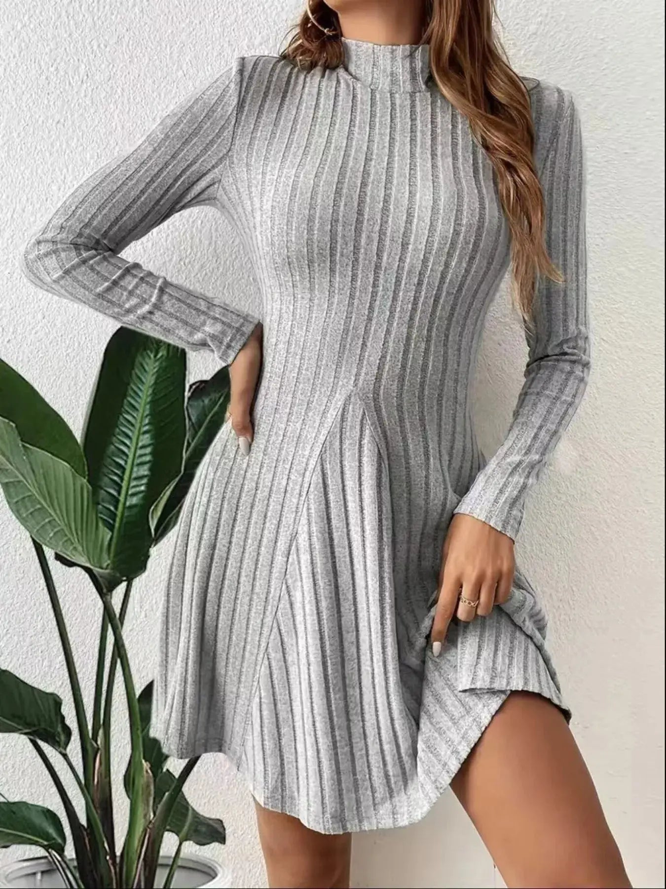 Ribbed Knit Mock Neck Long Sleeve Mini Dress Trendsi