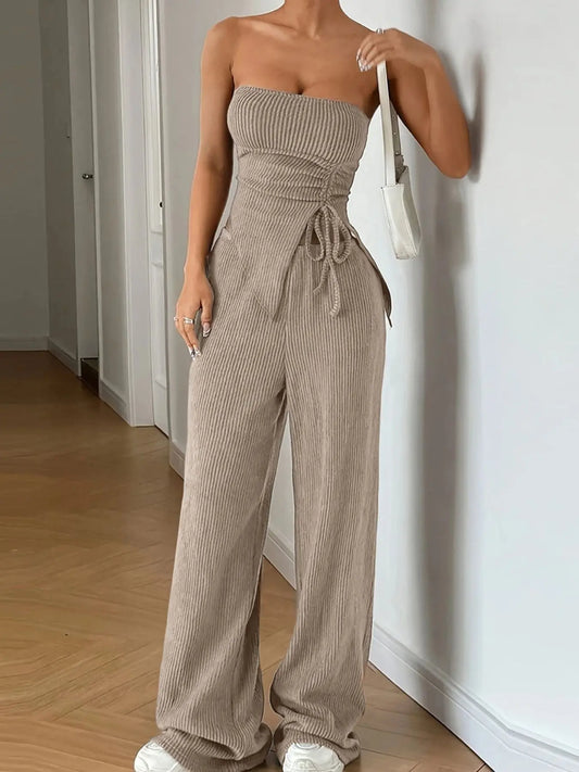 Ribbed Knit Tube Top And Wide Leg Pants Set Drawstring Two Piece Trendsi