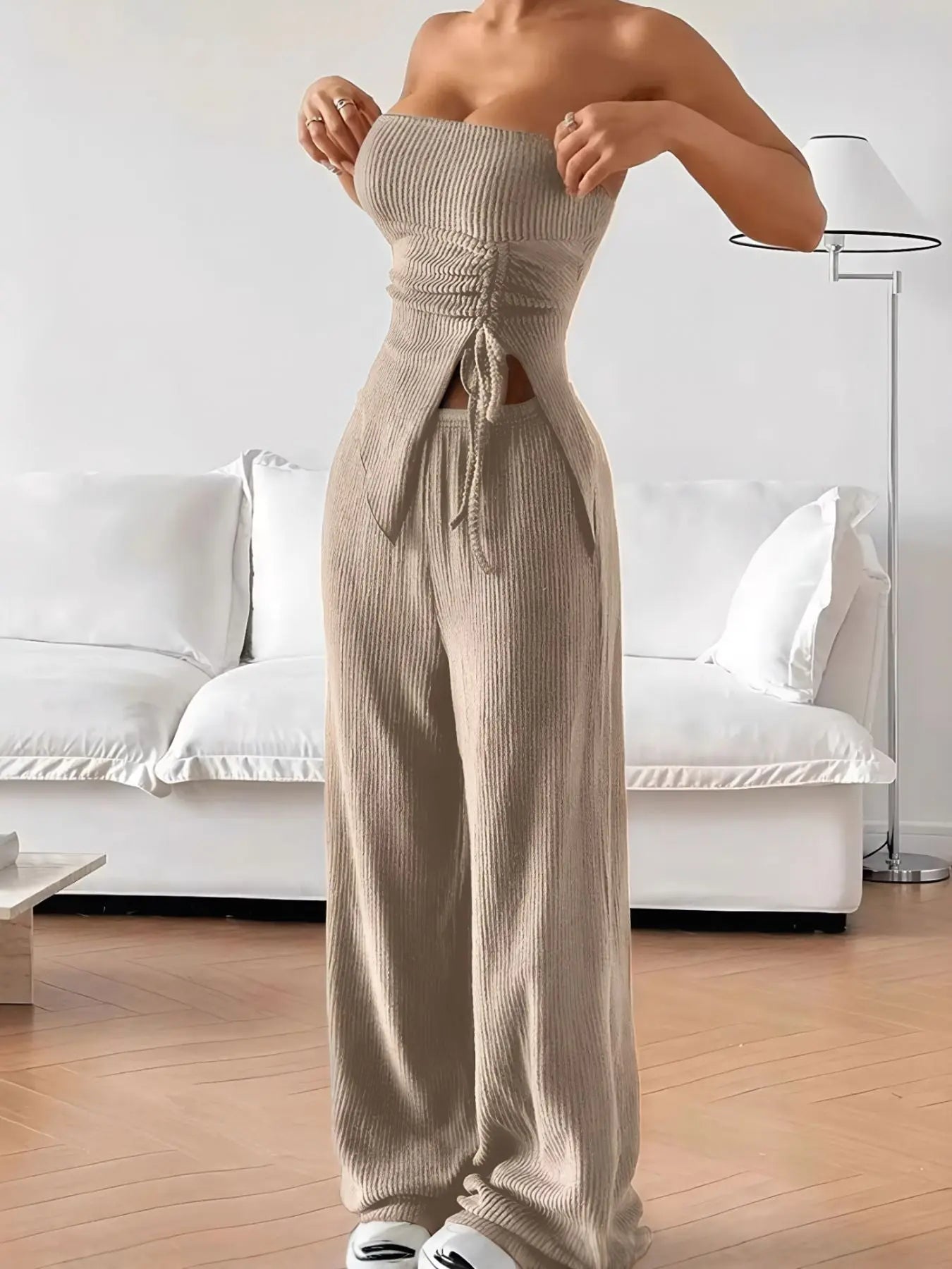 Ribbed Knit Tube Top And Wide Leg Pants Set Drawstring Two Piece Trendsi