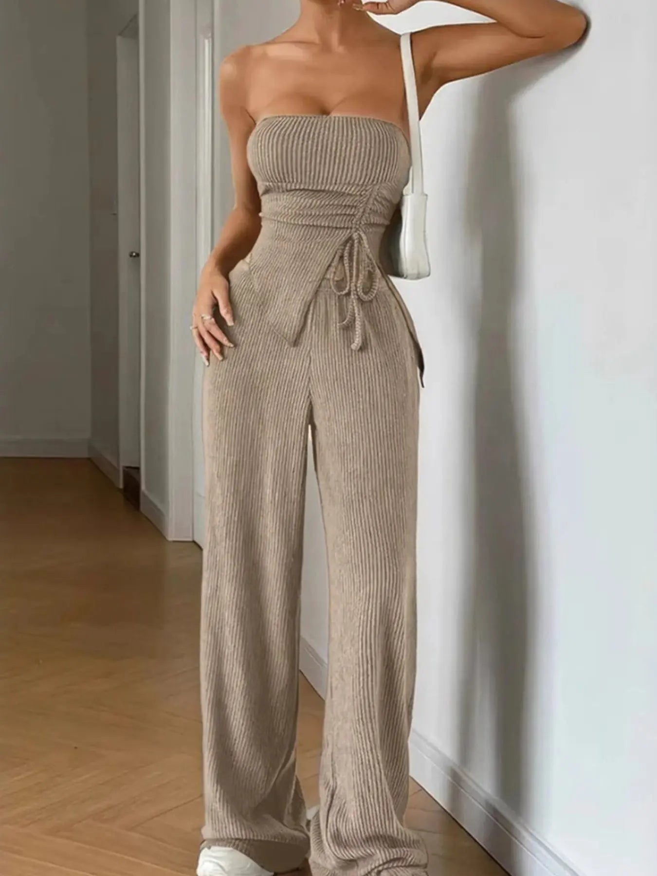 Ribbed Knit Tube Top And Wide Leg Pants Set Drawstring Two Piece Trendsi