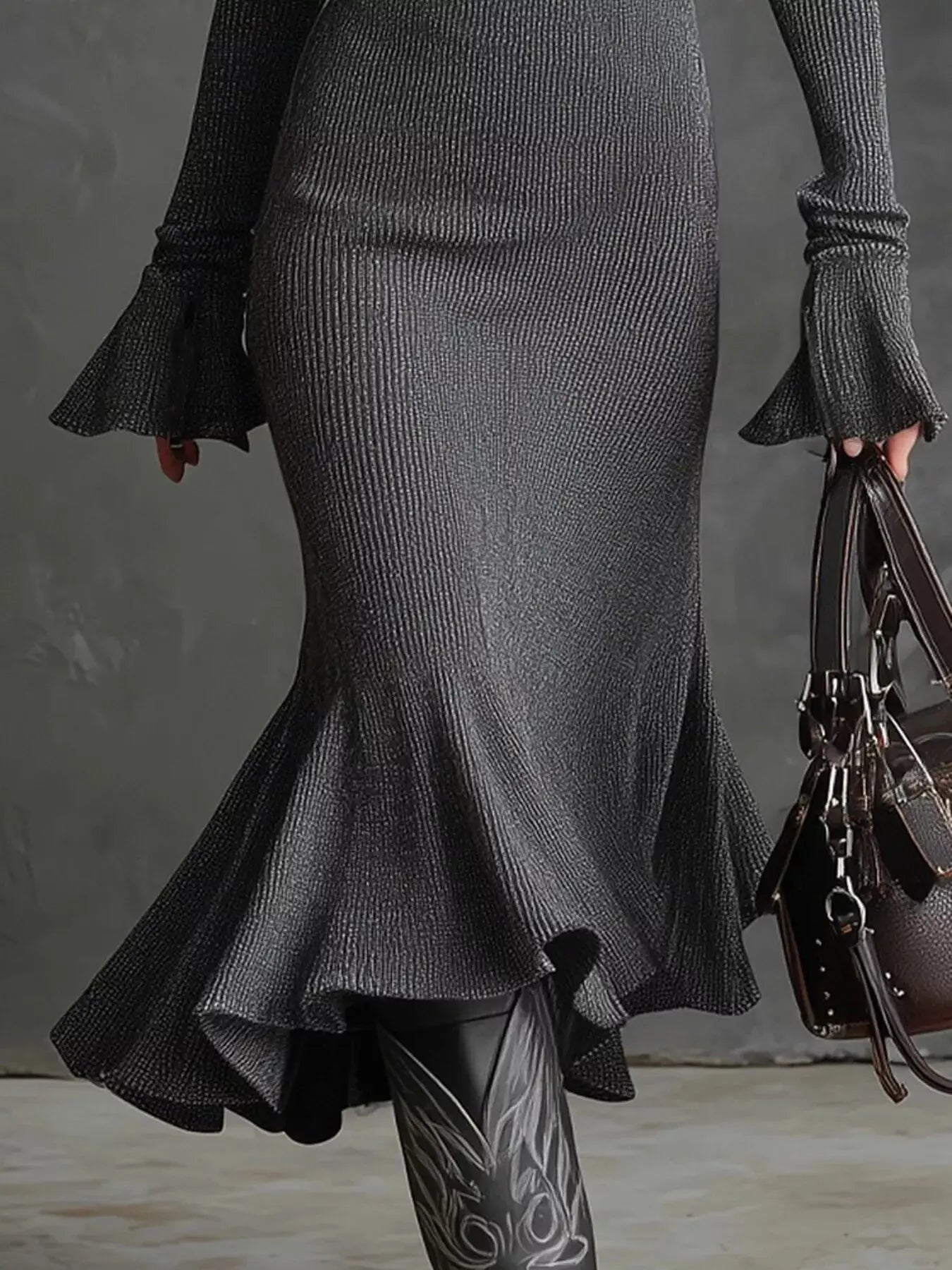 Ribbed Knit Zip Front Flare Hem Midi Dress Trendsi