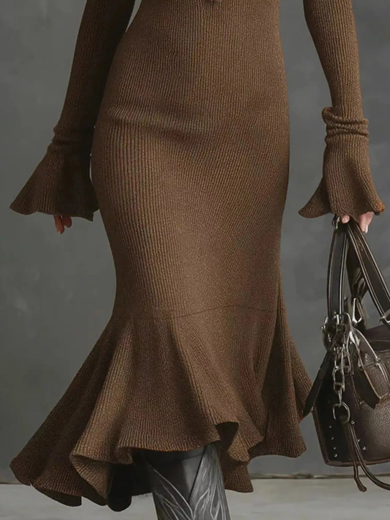 Ribbed Knit Zip Front Flare Hem Midi Dress Trendsi
