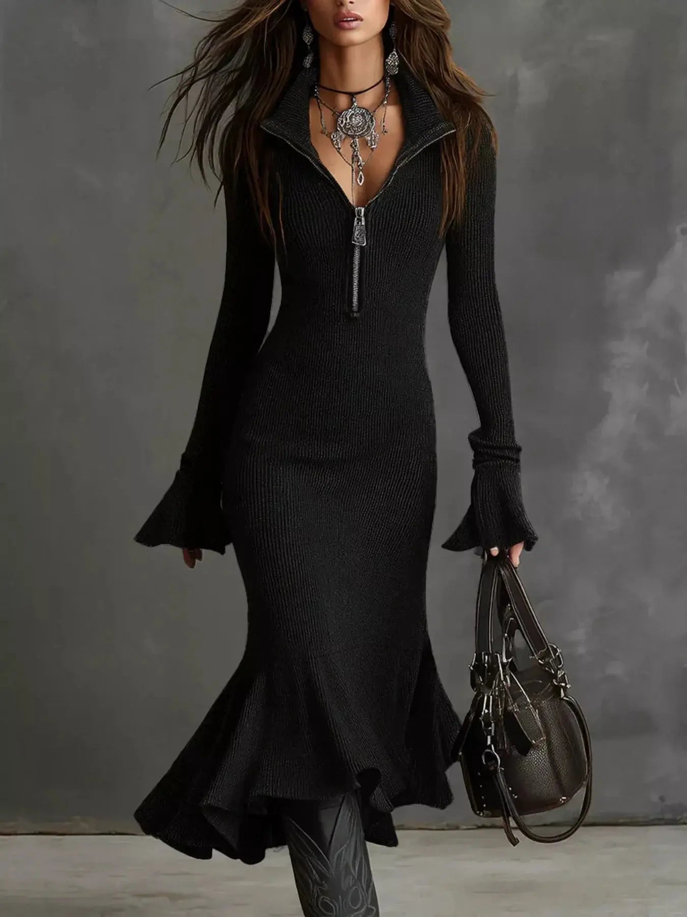 Ribbed Knit Zip Front Flare Hem Midi Dress Trendsi