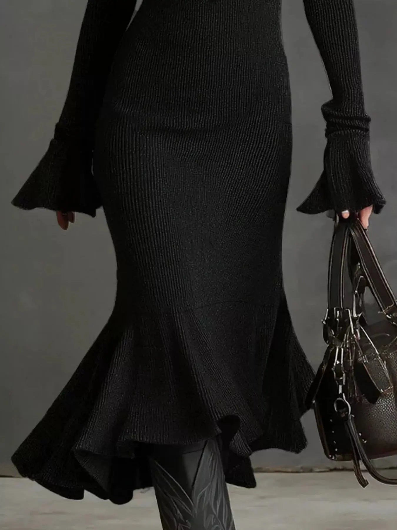 Ribbed Knit Zip Front Flare Hem Midi Dress Trendsi