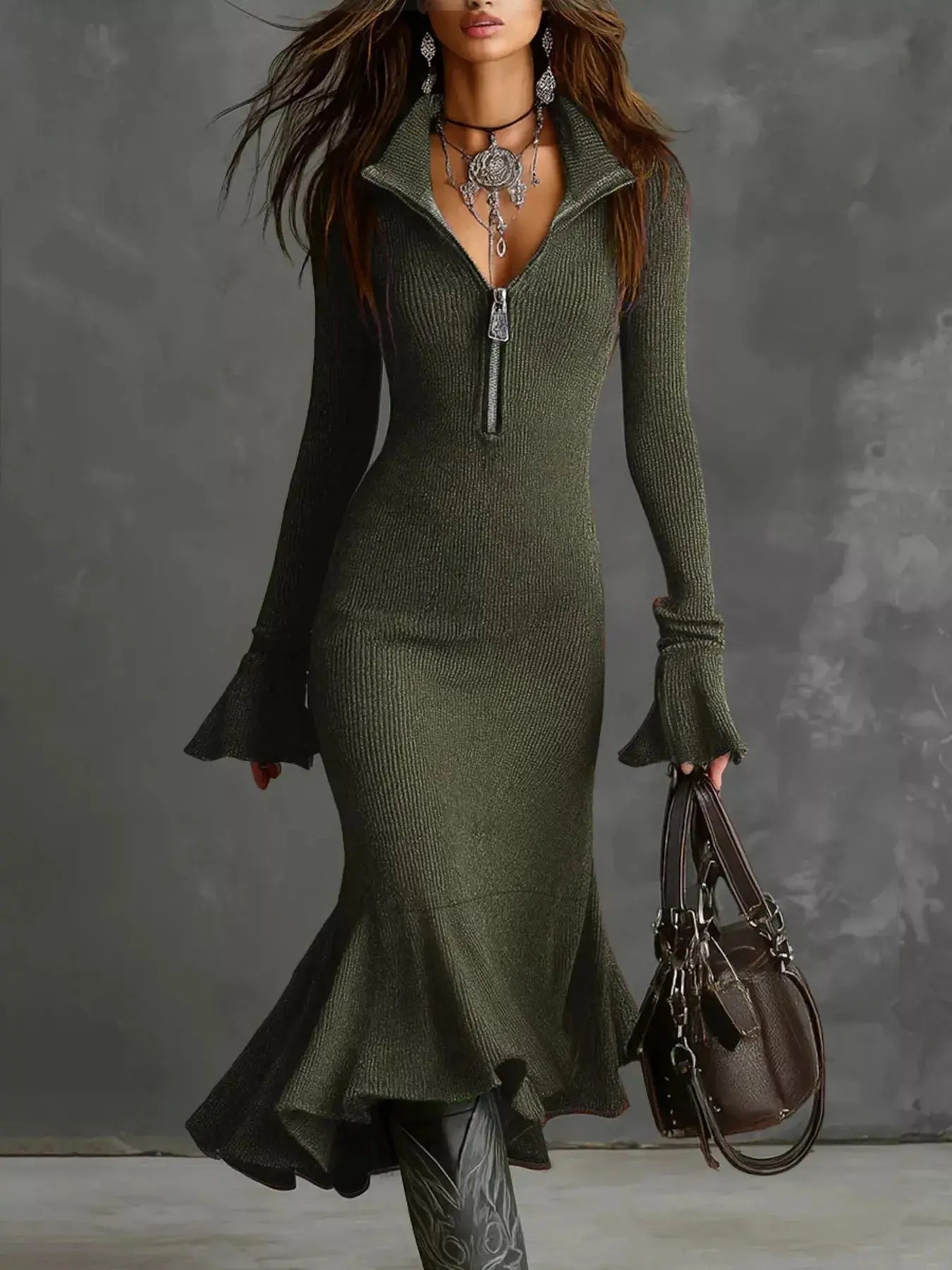 Ribbed Knit Zip Front Flare Hem Midi Dress Trendsi