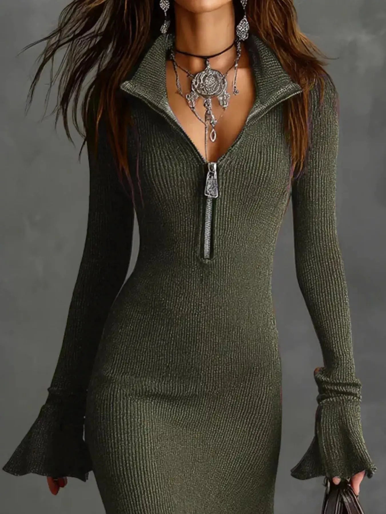 Ribbed Knit Zip Front Flare Hem Midi Dress Trendsi