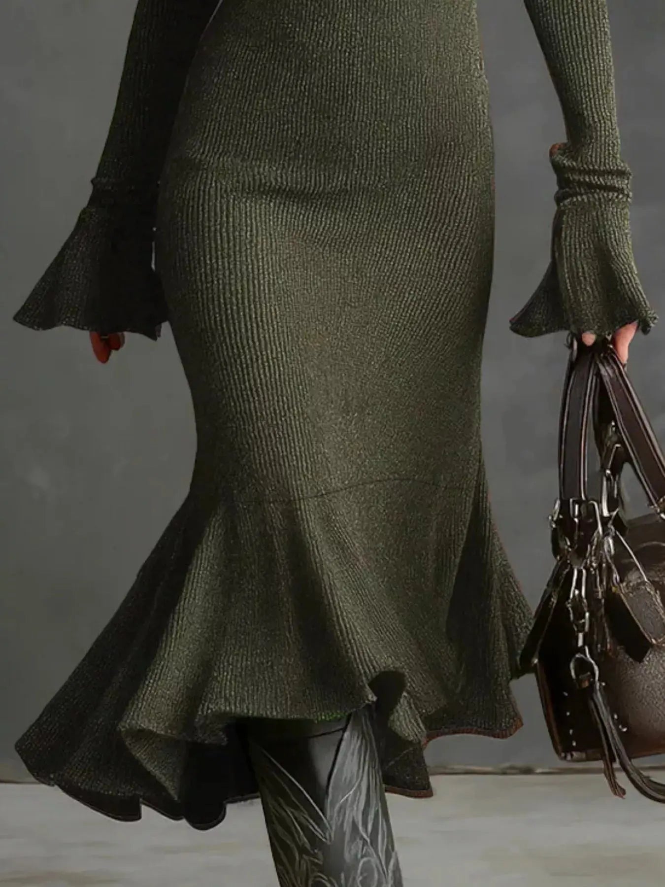 Ribbed Knit Zip Front Flare Hem Midi Dress Trendsi