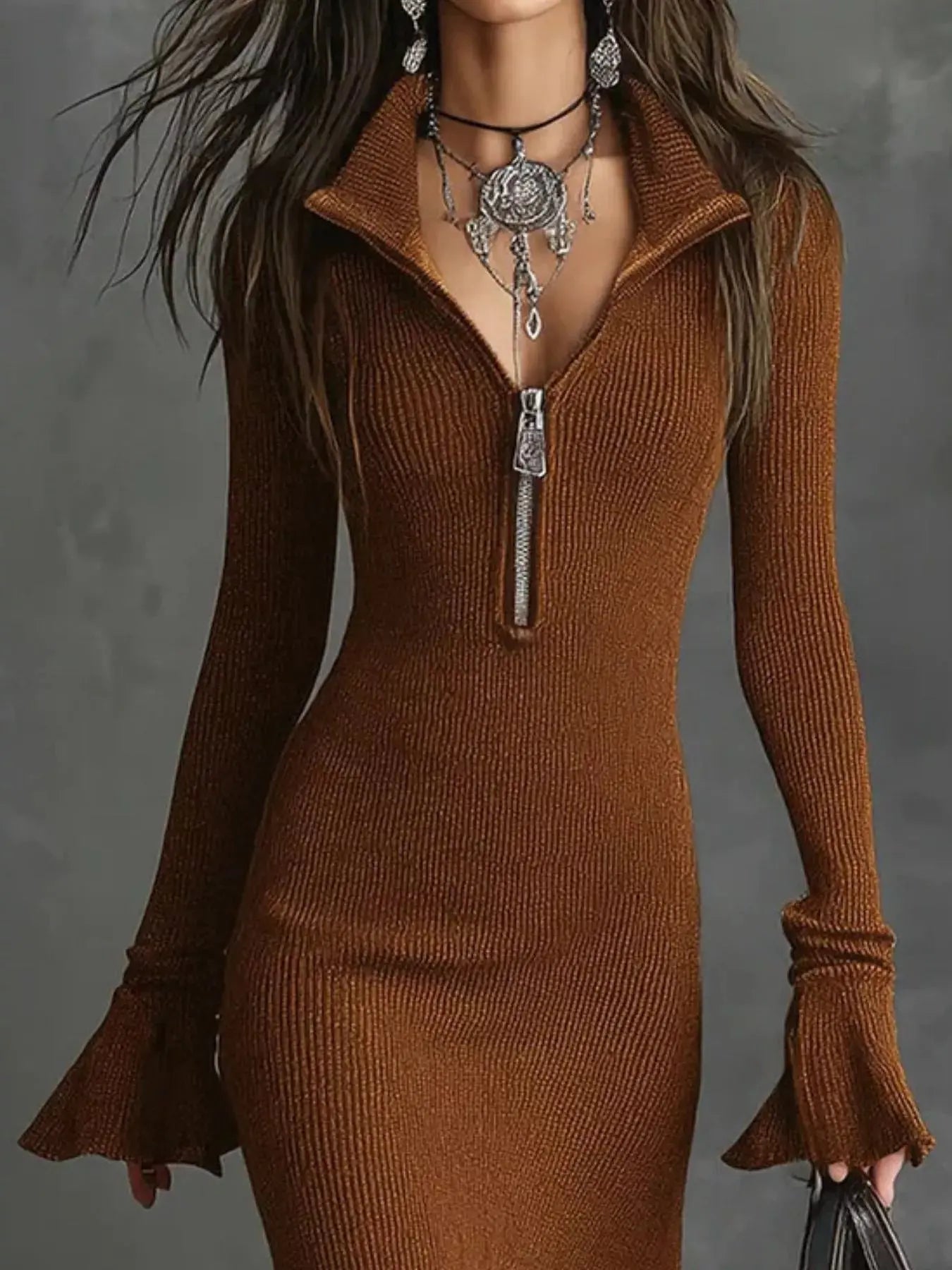 Ribbed Knit Zip Front Flare Hem Midi Dress Trendsi