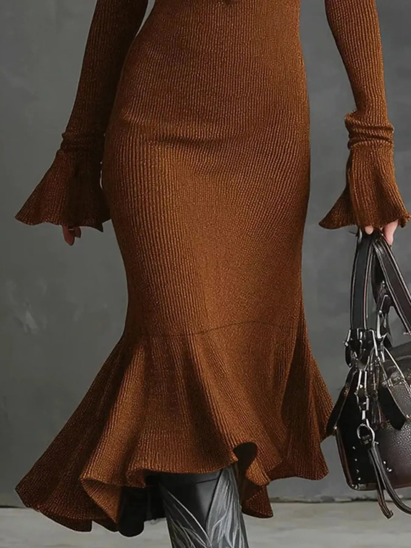 Ribbed Knit Zip Front Flare Hem Midi Dress Trendsi
