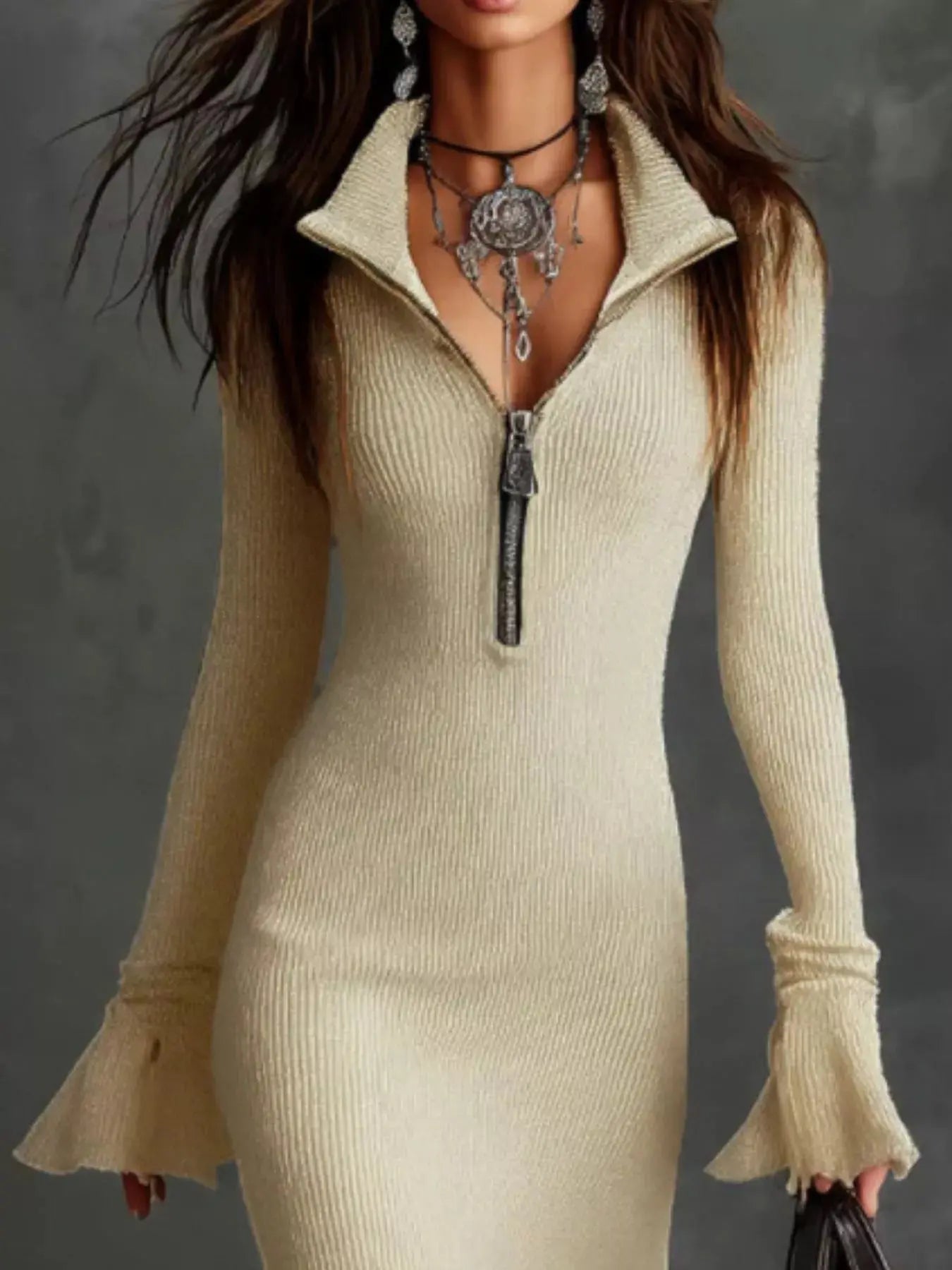 Ribbed Knit Zip Front Flare Hem Midi Dress Trendsi