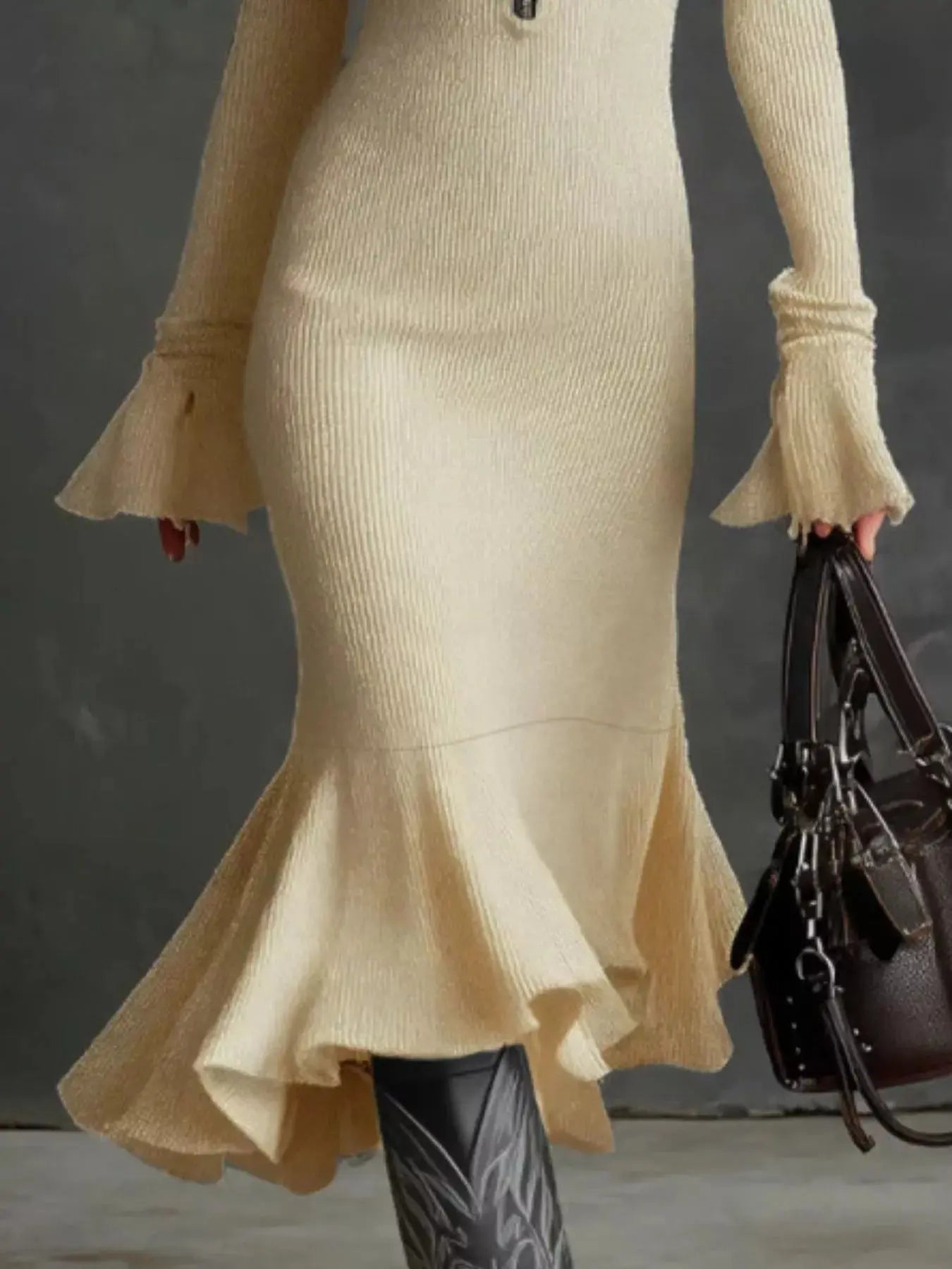 Ribbed Knit Zip Front Flare Hem Midi Dress Trendsi