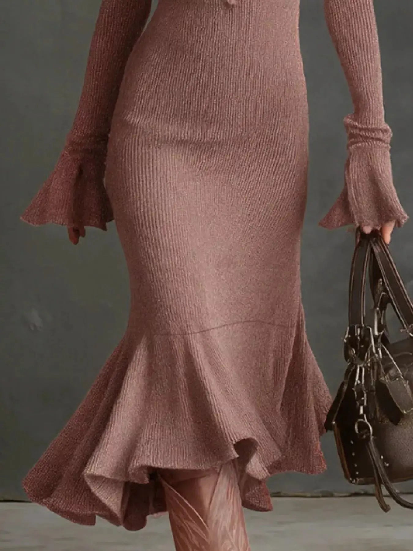 Ribbed Knit Zip Front Flare Hem Midi Dress Trendsi