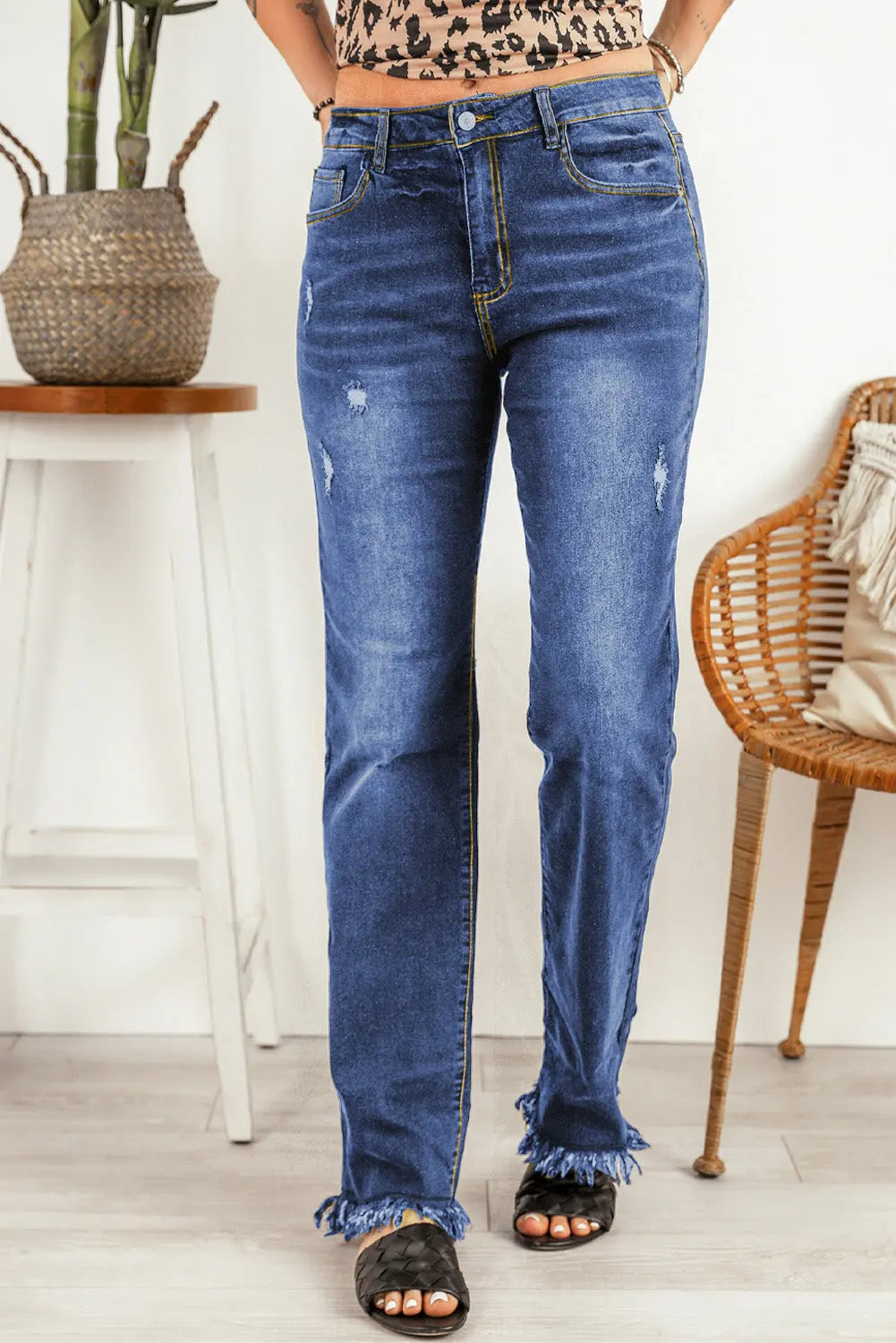 Ripped Frayed Hem Jeans Distressed Denim With Slight Stretch Long Regular Fit For Casual Chic Style Trendsi