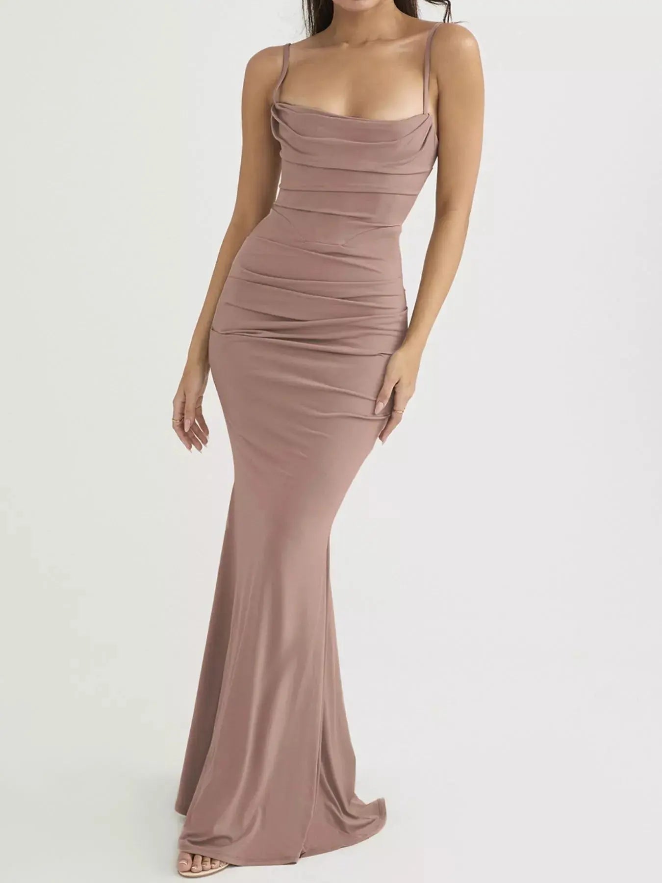 Ruched Spaghetti Strap Bodycon Maxi Dress With Zipper And Partially Lined Trendsi