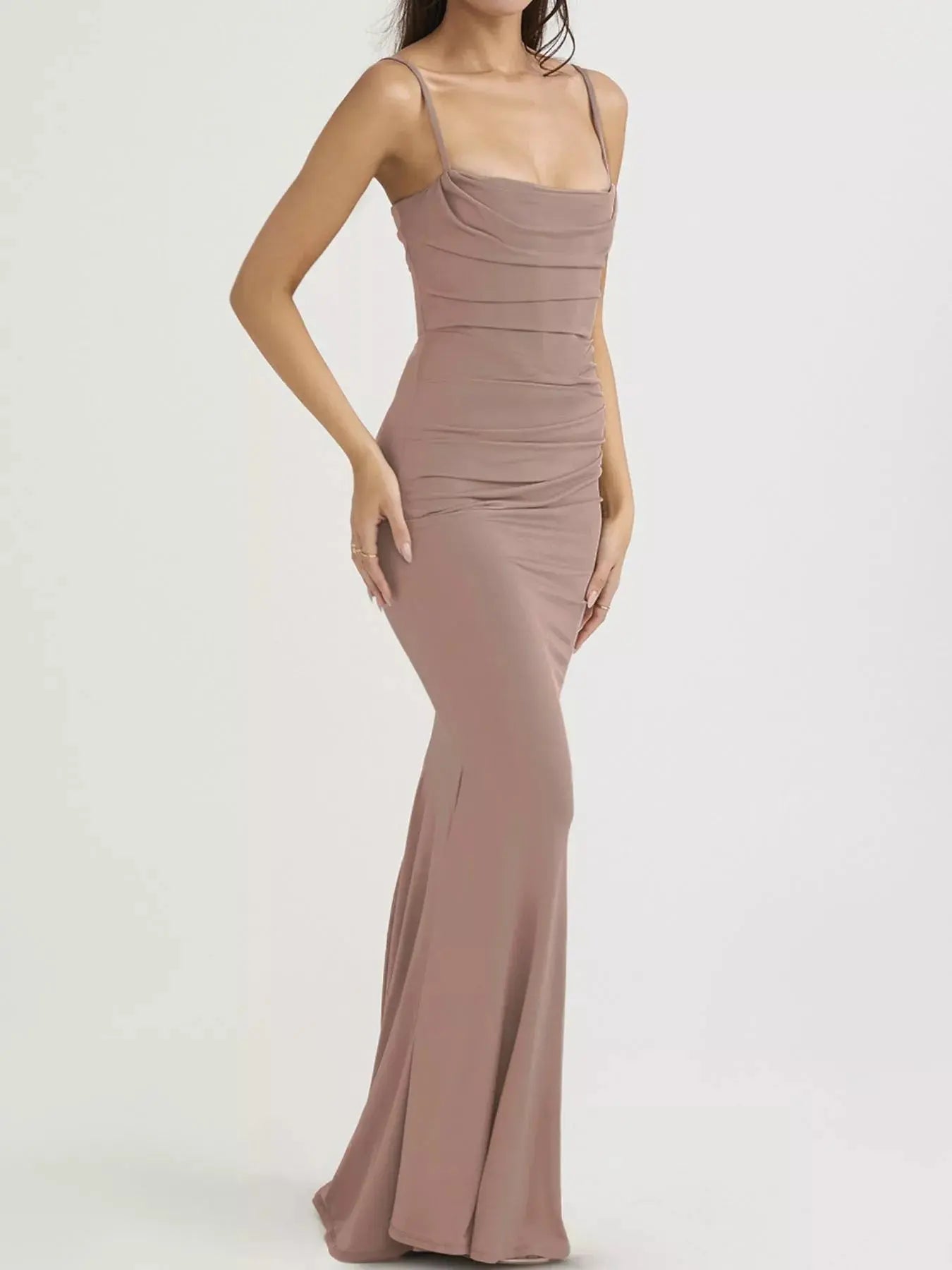 Ruched Spaghetti Strap Bodycon Maxi Dress With Zipper And Partially Lined Trendsi