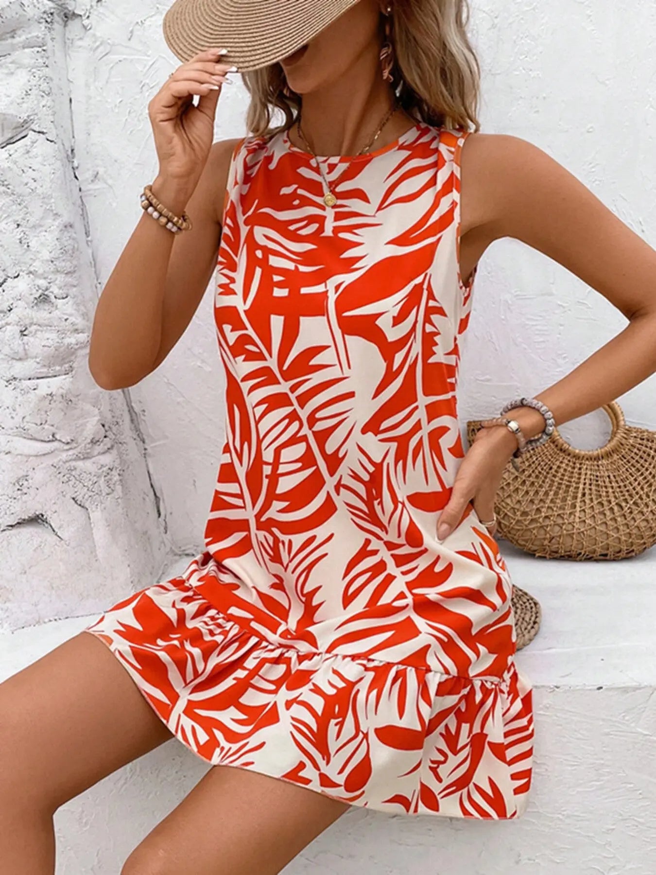 Ruffle Hem Sleeveless Mini Dress With Tie Waist Polyester Trendsi