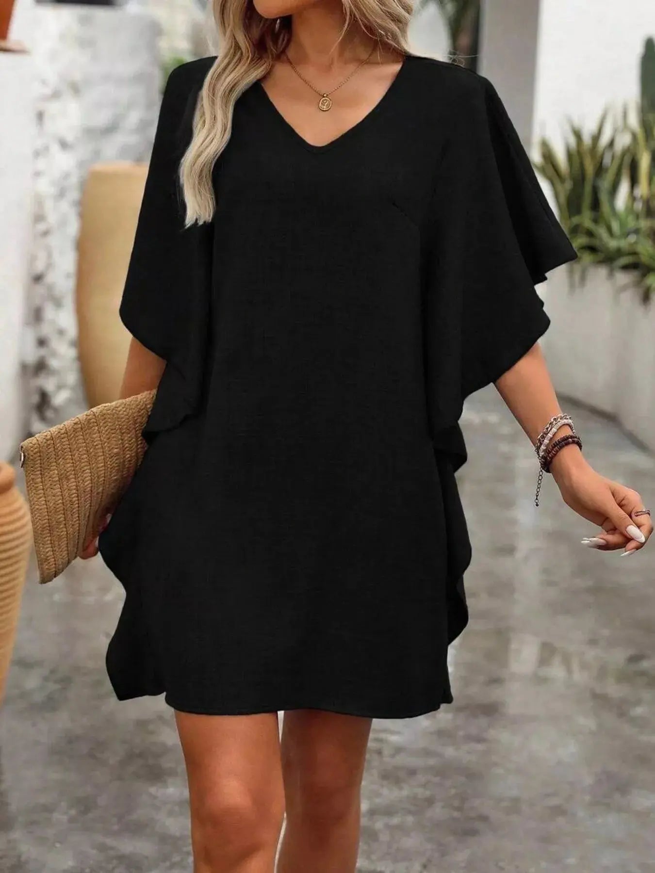 Ruffled Flutter Sleeve V-Neck Mini Dress Trendsi