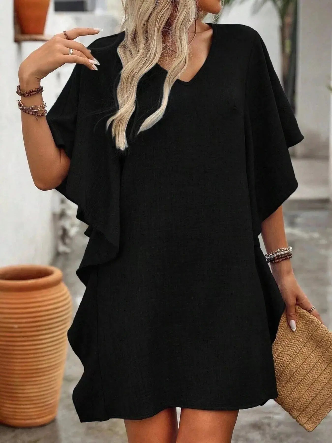 Ruffled Flutter Sleeve V-Neck Mini Dress Trendsi