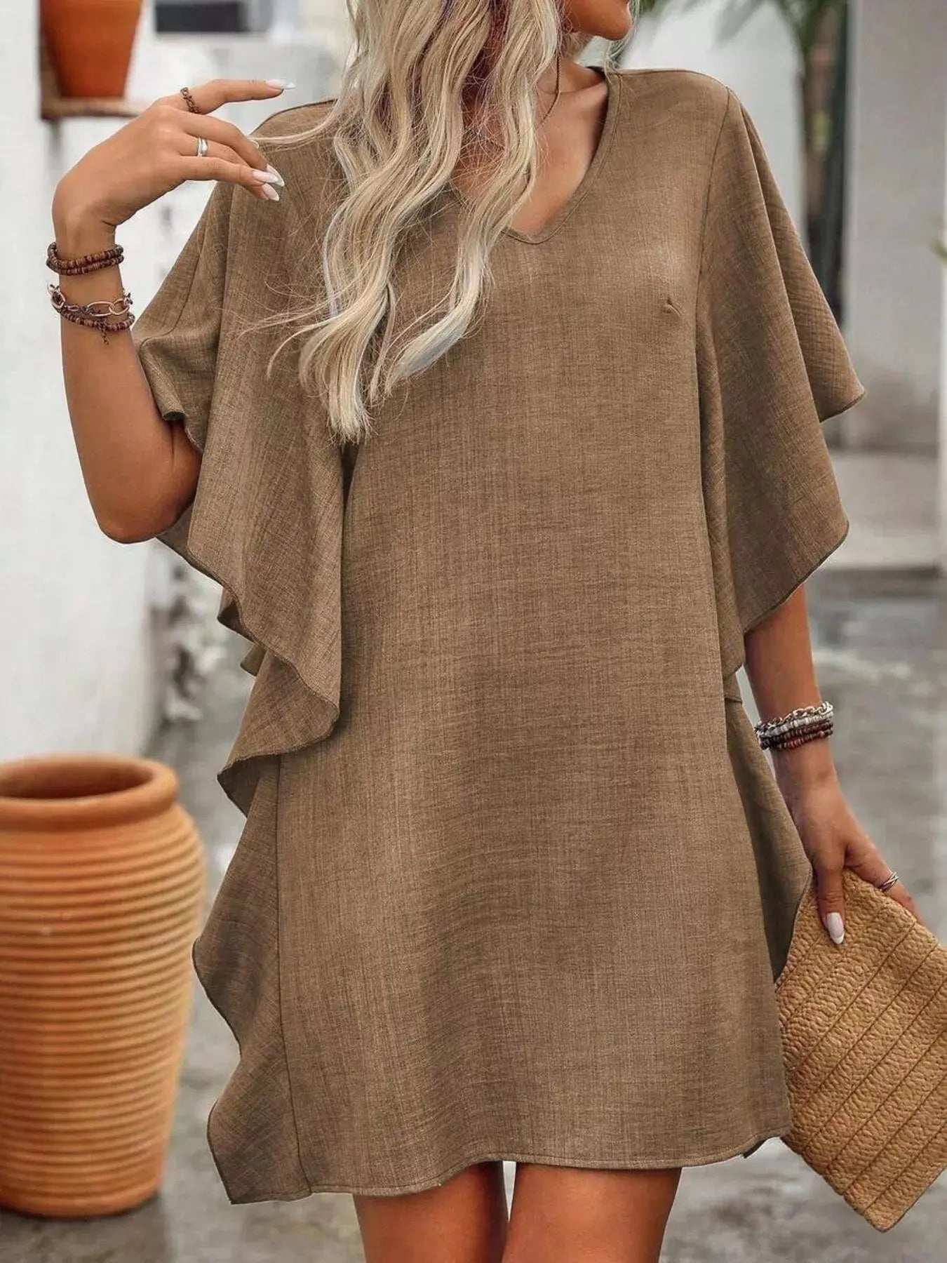 Ruffled Flutter Sleeve V-Neck Mini Dress Trendsi