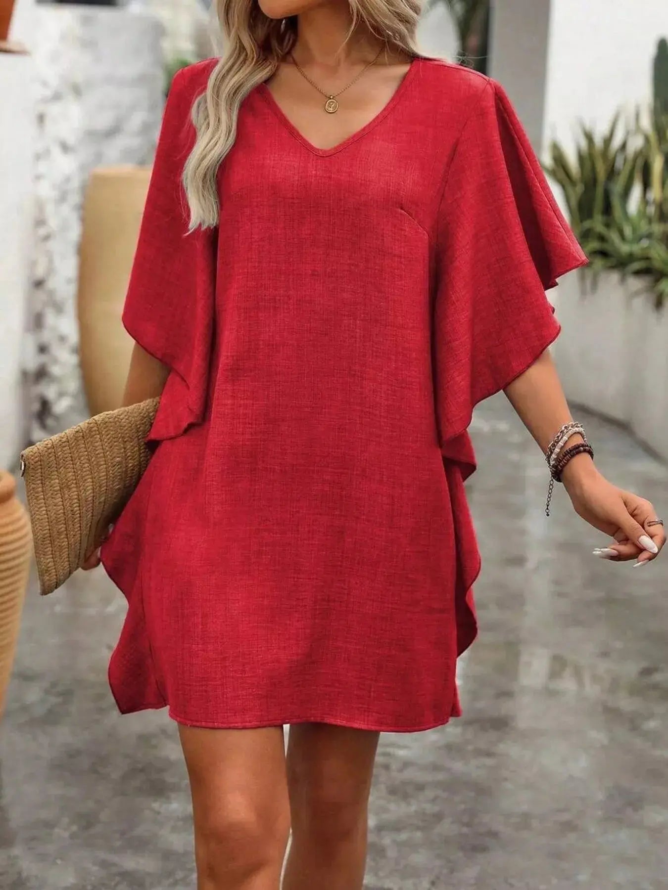 Ruffled Flutter Sleeve V-Neck Mini Dress Trendsi