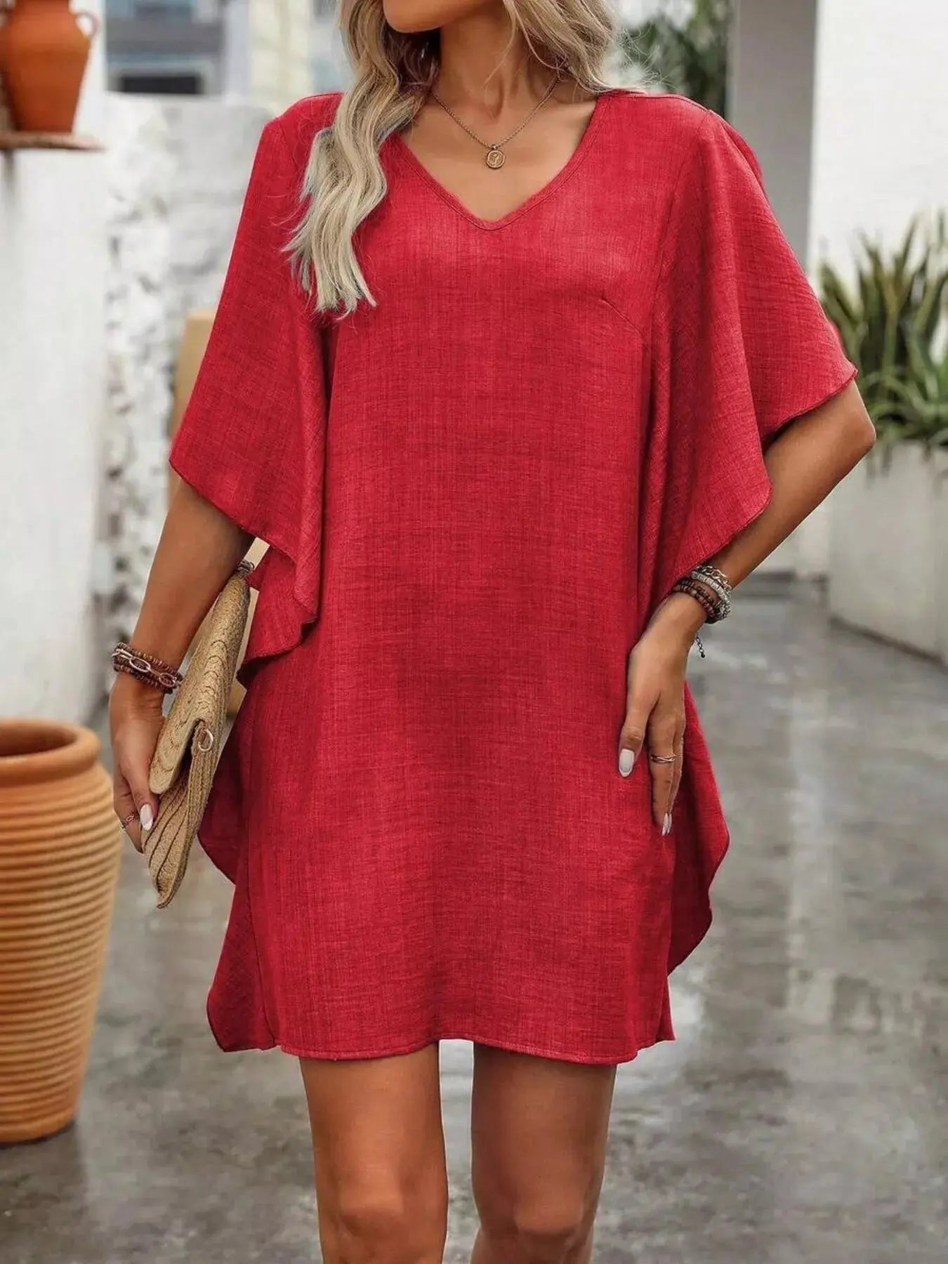 Ruffled Flutter Sleeve V-Neck Mini Dress Trendsi