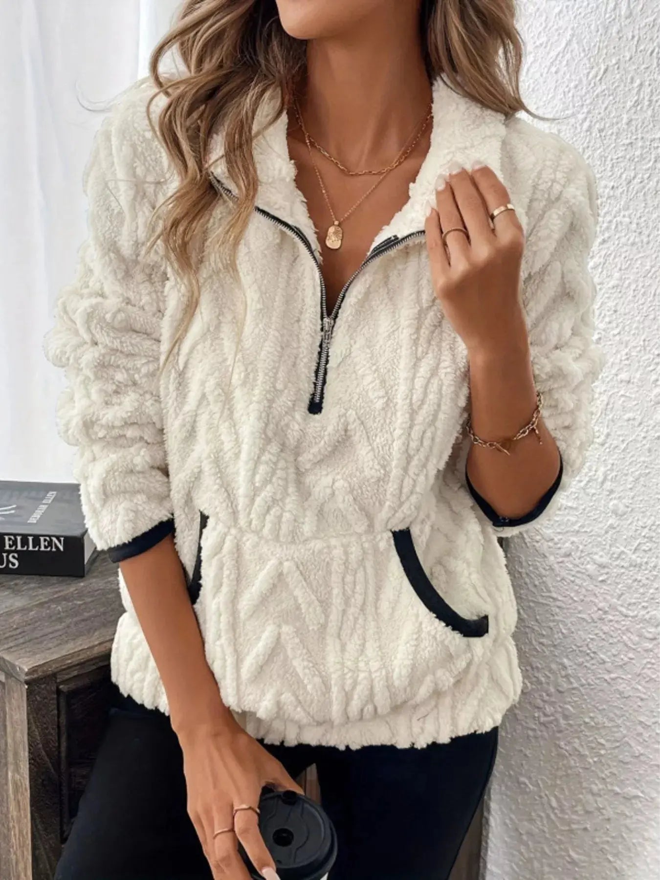 Sherpa Half Zip Sweatshirt Plus Size Trendsi