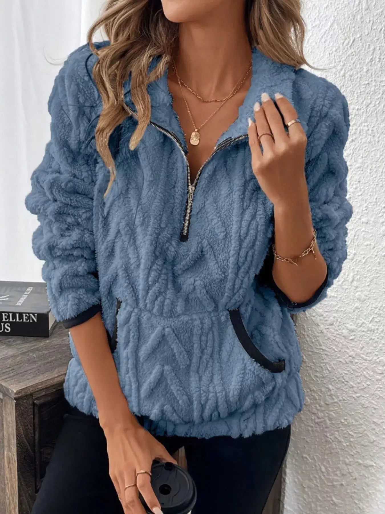 Sherpa Half Zip Sweatshirt Plus Size Trendsi