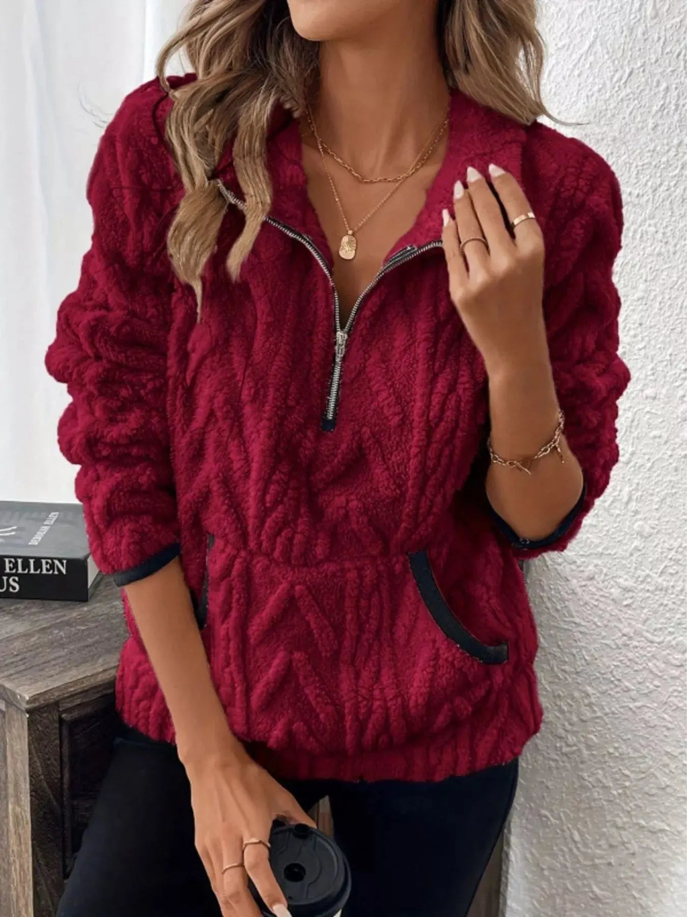 Sherpa Half Zip Sweatshirt Plus Size Trendsi