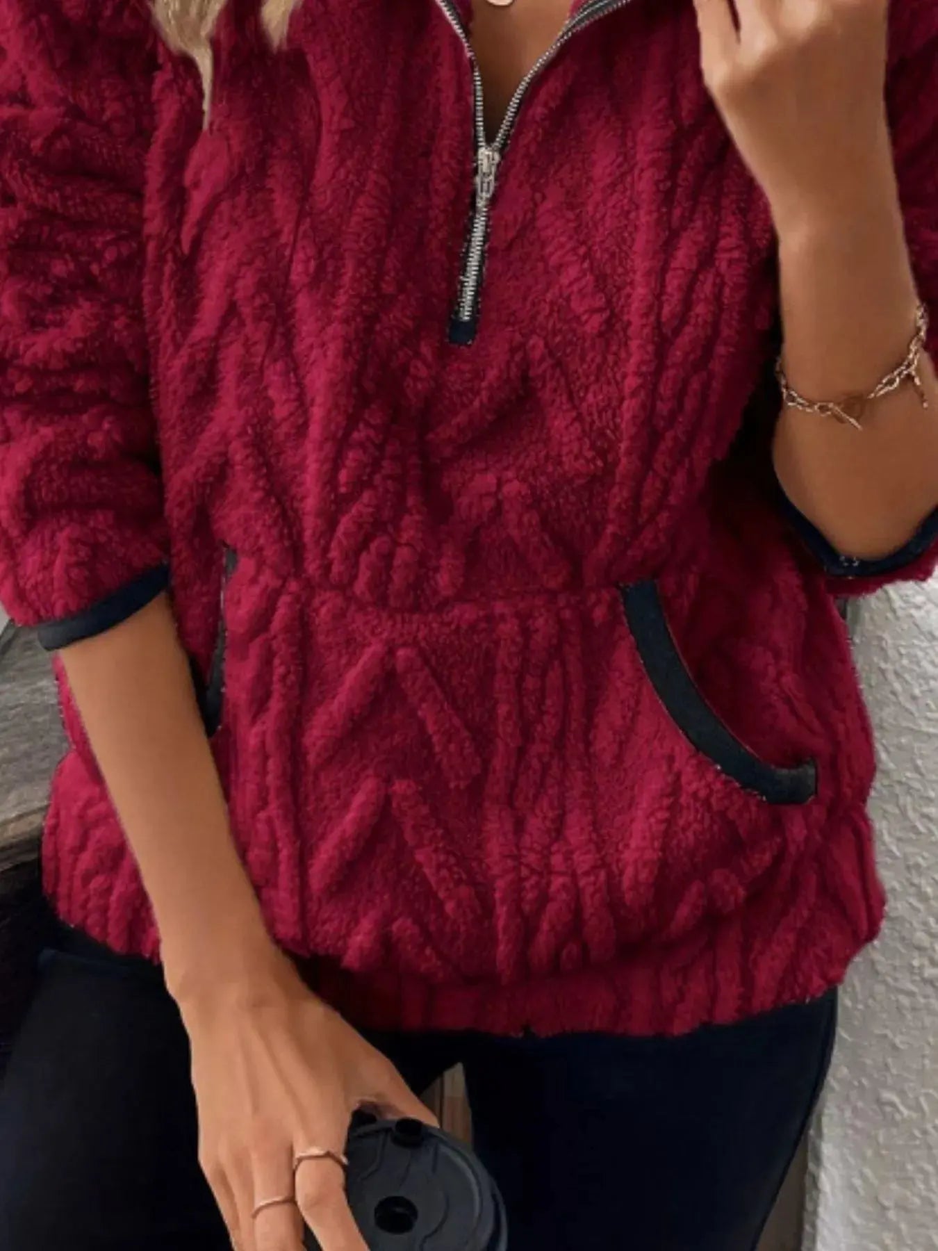 Sherpa Half Zip Sweatshirt Plus Size Trendsi