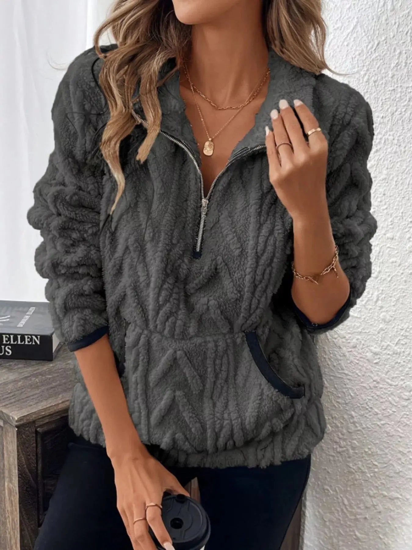 Sherpa Half Zip Sweatshirt Plus Size Trendsi