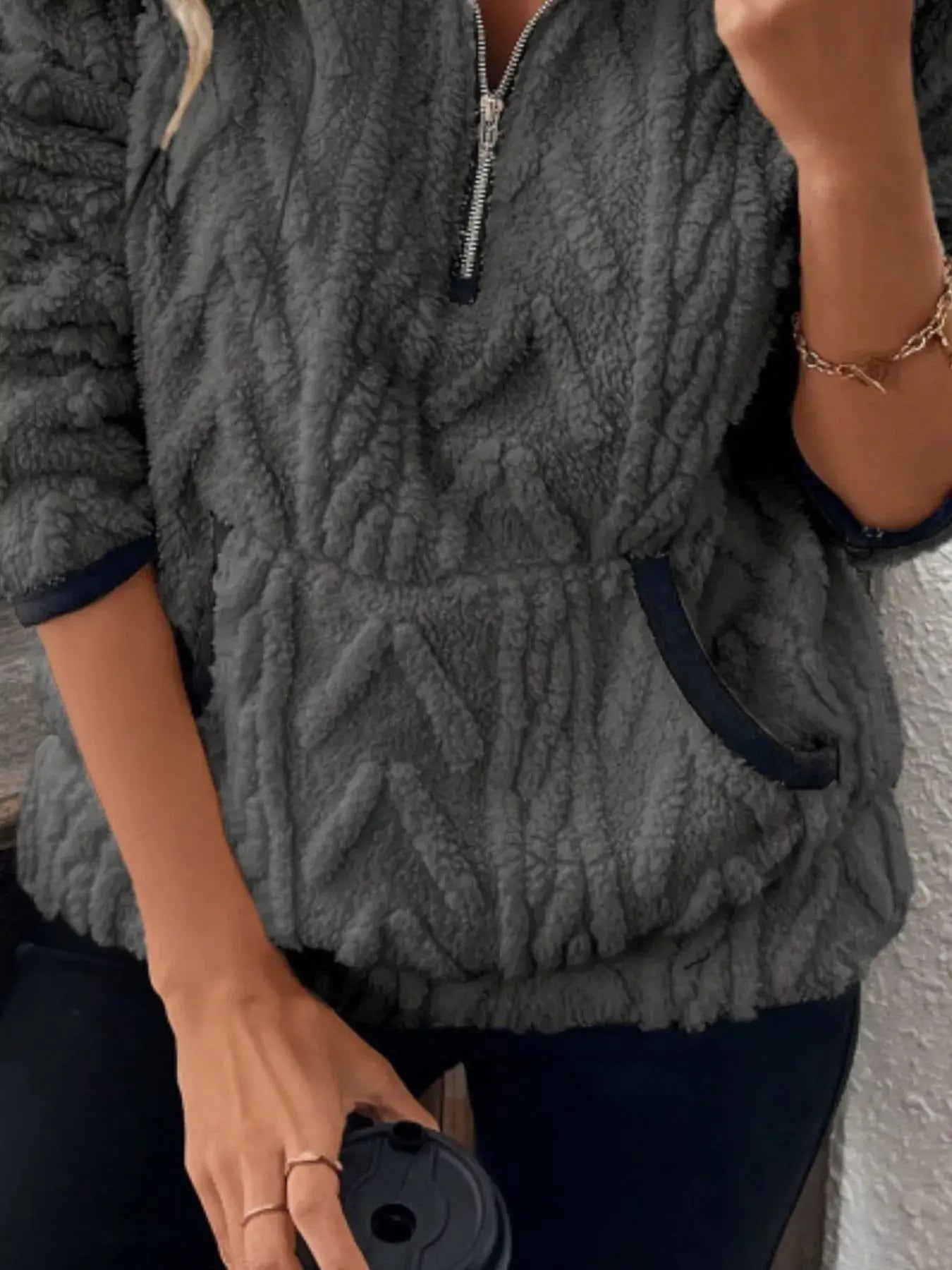 Sherpa Half Zip Sweatshirt Plus Size Trendsi