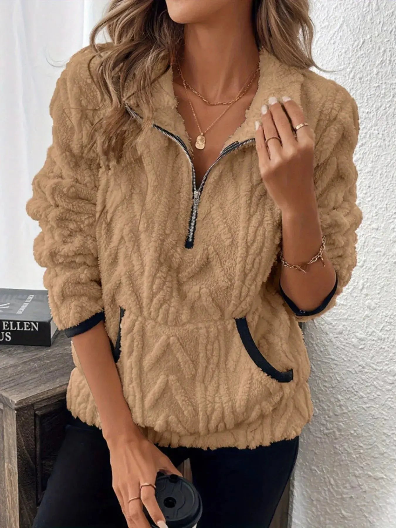 Sherpa Half Zip Sweatshirt Plus Size Trendsi