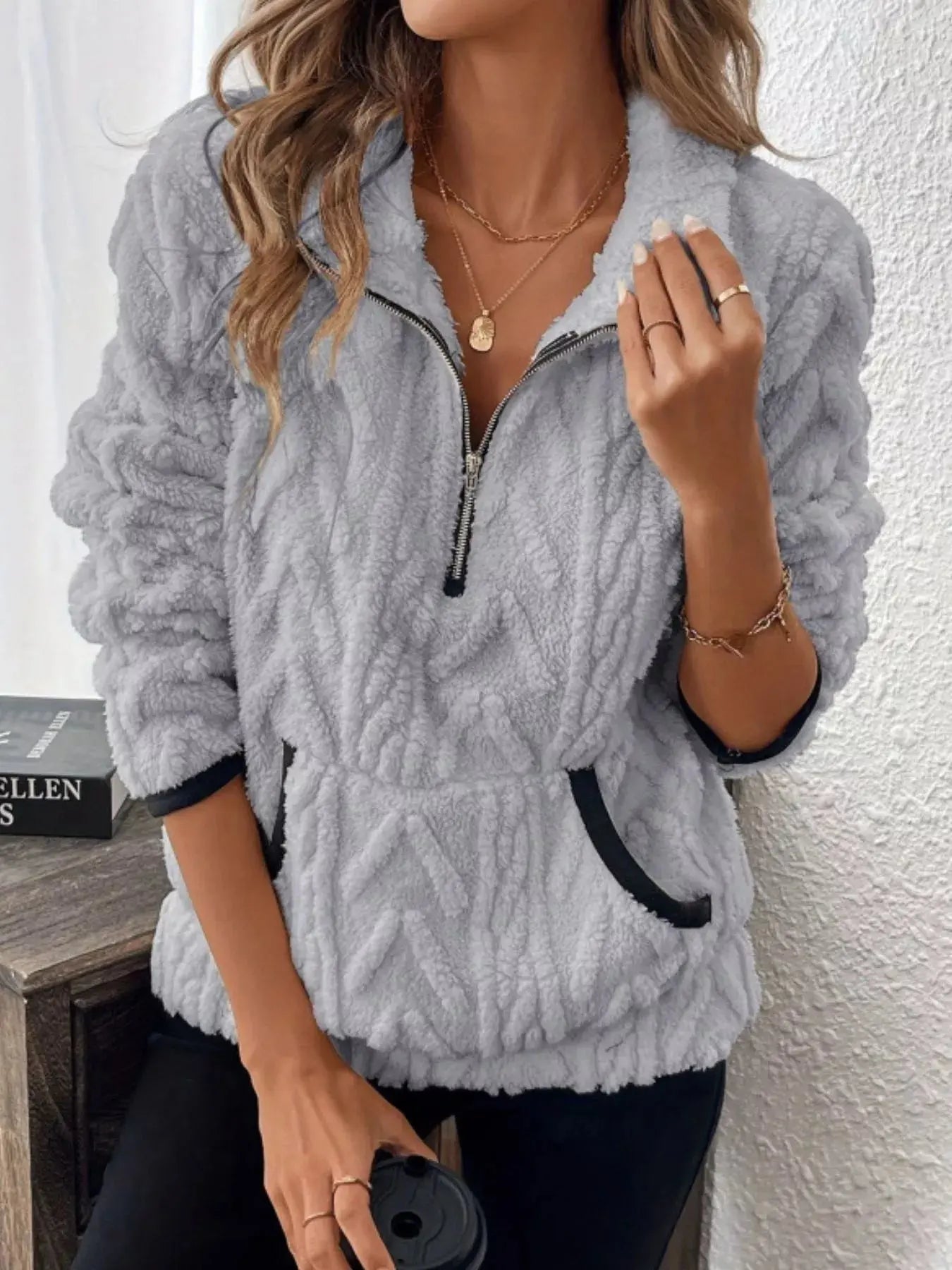 Sherpa Half Zip Sweatshirt Plus Size Trendsi