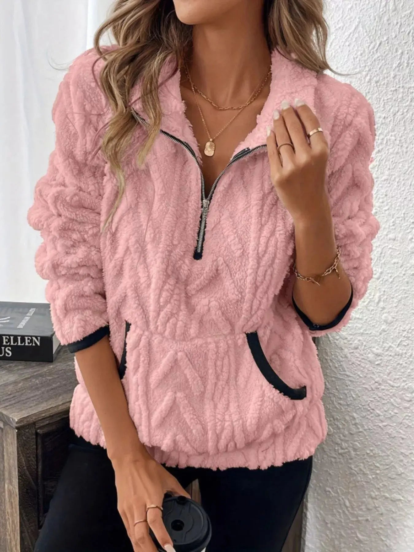 Sherpa Half Zip Sweatshirt Plus Size Trendsi