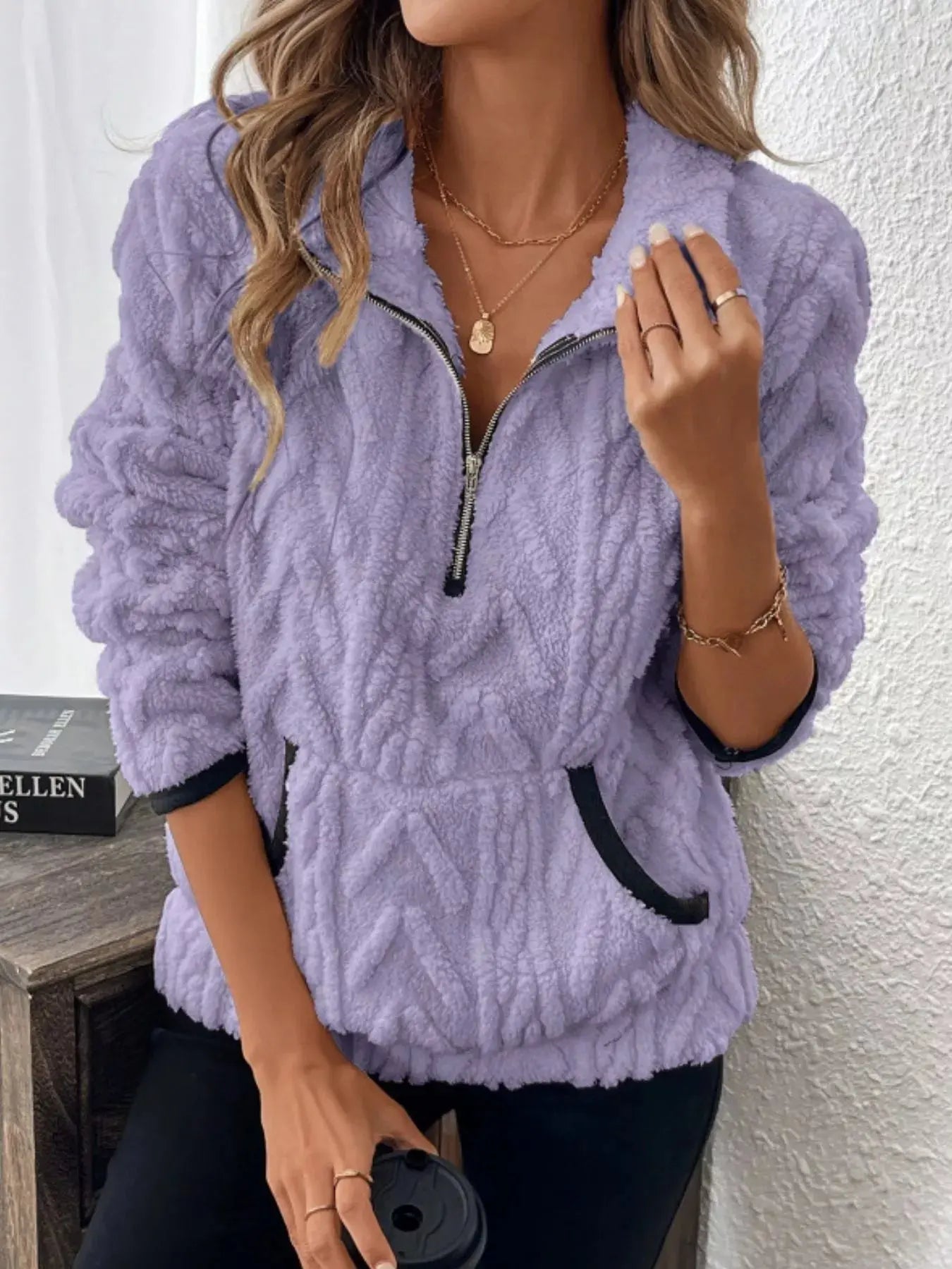 Sherpa Half Zip Sweatshirt Plus Size Trendsi