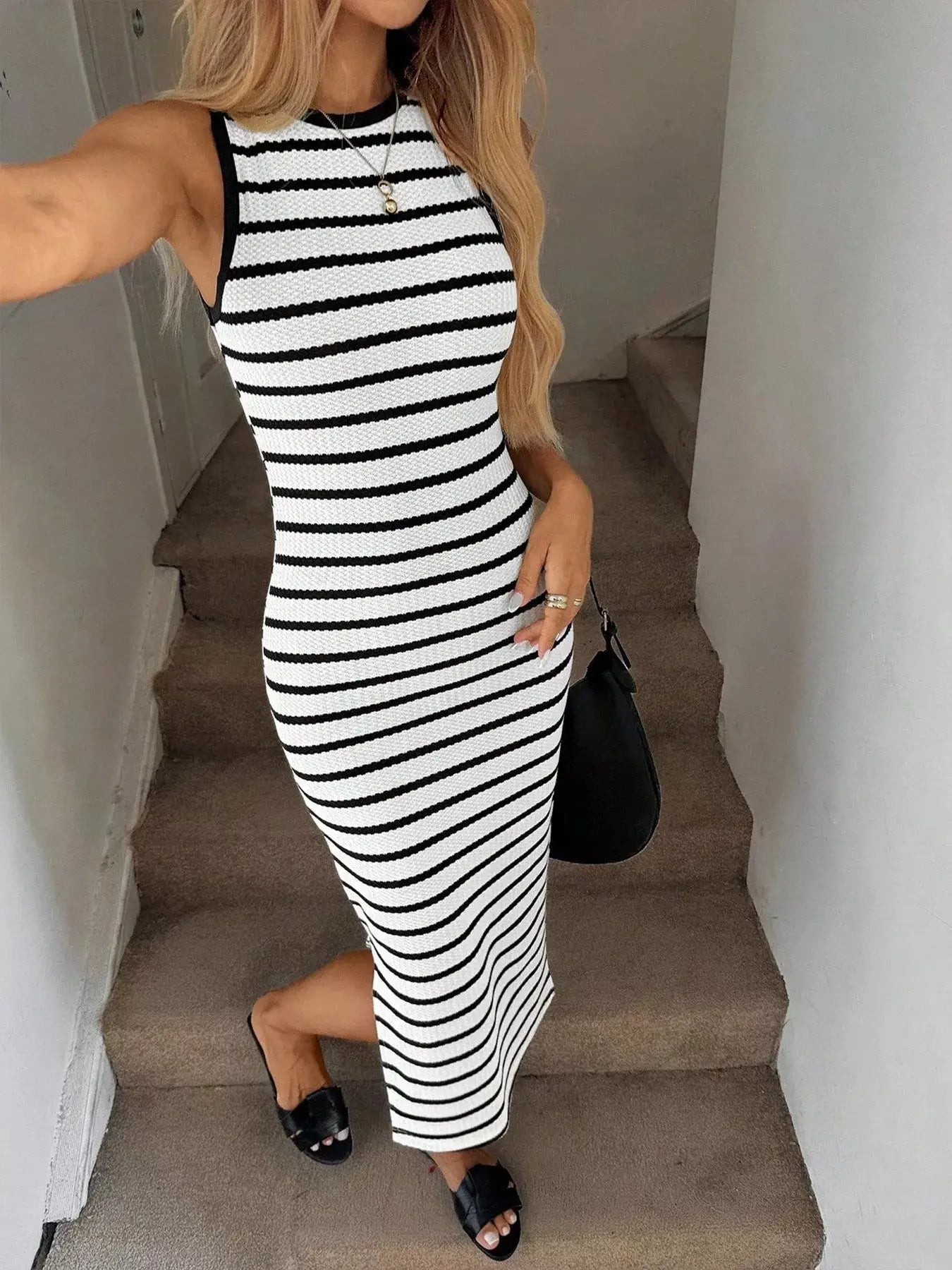 Sleeveless Striped Bodycon Midi Dress With Slit Polyester Elastane Trendsi